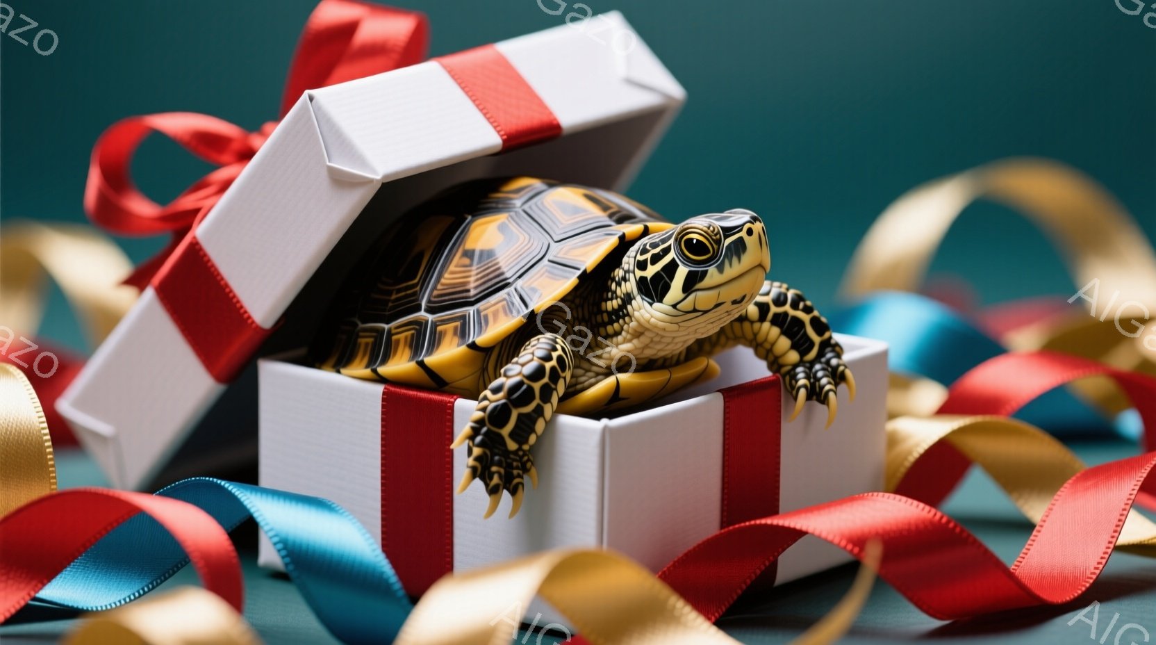 箱の中に、甲羅が特徴的な小さな亀が顔を出しています。箱は白で、赤いリボンが巻かれており、周囲には青と金のカラフルなリボンが散らばっています。背景は深い緑色で、プレゼントの雰囲気を強調し、楽しい陽気なムードを醸し出しています。