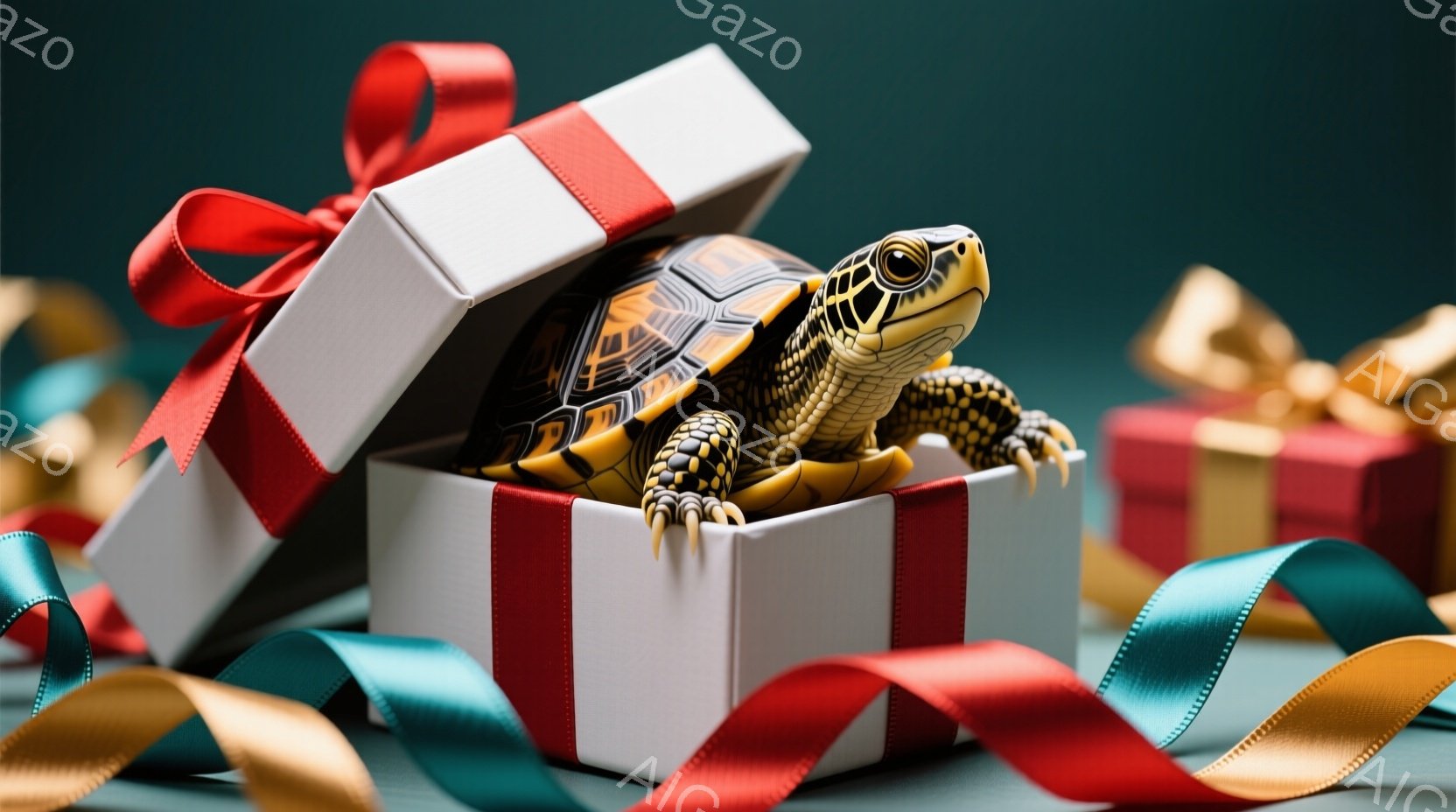 白いギフトボックスの中に、甲羅に模様のある小さなカメが顔を出しています。カメは好奇心旺盛な表情で、前足で箱の縁につかまり、周囲のリボンを見つめています。背景には、ターコイズブルー、ゴールド、赤色のリボ - AI生成フリー素材