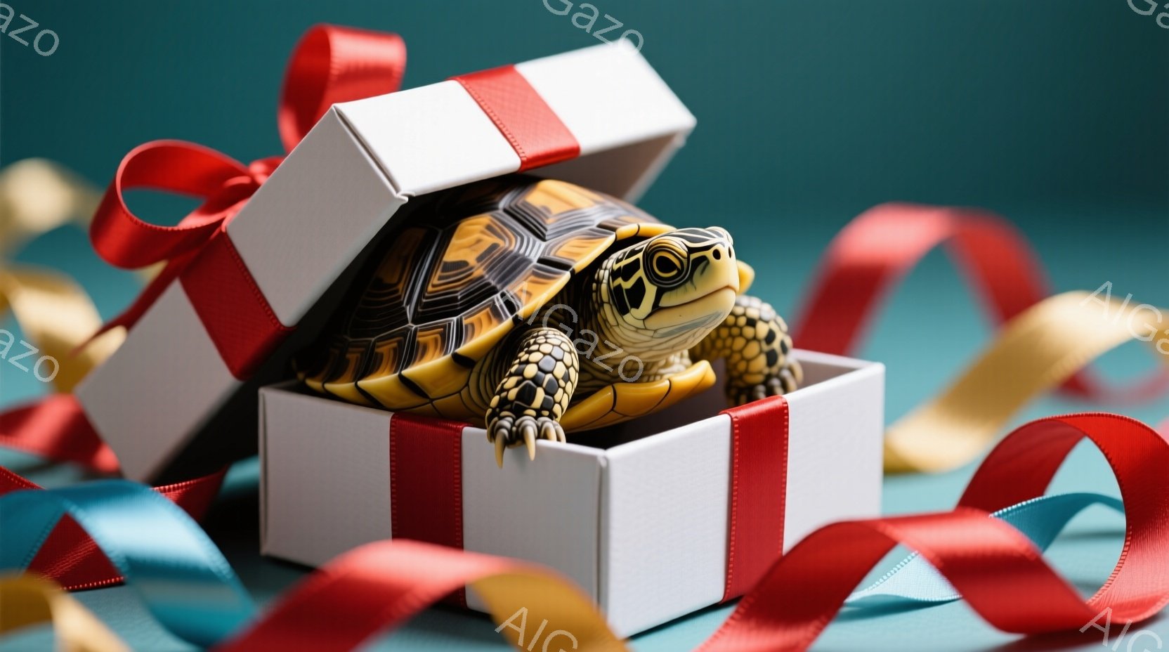 白いギフトボックスの中に、甲羅から頭を出し、こちらを見つめる小さなカメがいます。箱は赤いリボンで飾られており、背景にはゴールドとレッドのリボンが波打つように配置されています。全体的に、喜びや驚き、プレゼントの開封といった陽気な雰囲気が漂っています。