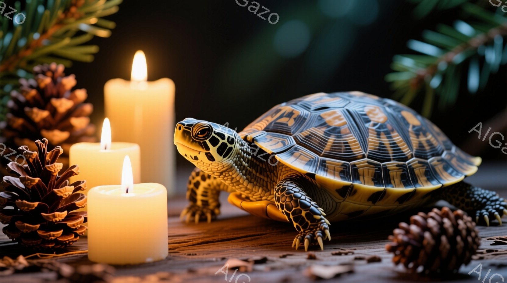 焦点は甲羅に複雑な模様が描かれたカメに当てられています。カメは木のテーブルの上に静止しており、周囲には松ぼっくりと点灯したキャンドルが配置されています。全体的に、暖かく落ち着いた雰囲気で、自然と静けさ - AI生成フリー素材