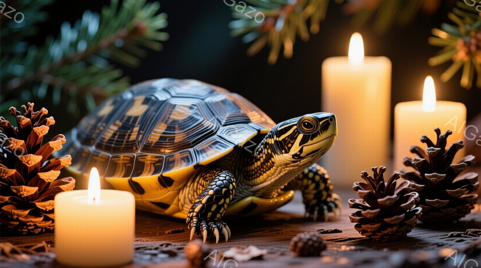 鮮やかな模様を持つカメが、いくつかの明かりを灯したキャンドルと松ぼっくりに囲まれて、木製のテーブルの上に座っています。カメは正面を見据え、落ち着いた表情で、まるでモデルのようにポーズを決めています。暗 - AI生成フリー素材