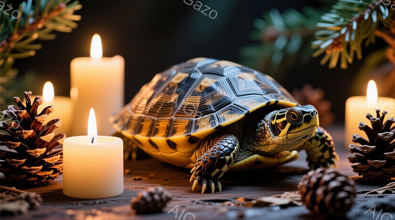 温かい光に照らされた木のテーブルの上に、美しい模様の亀が歩いている様子が描かれています。亀は前足を伸ばし、慎重に歩を進めており、その表情は穏やかで落ち着いています。背景には、松ぼっくりや点灯したキャン - AI生成フリー素材