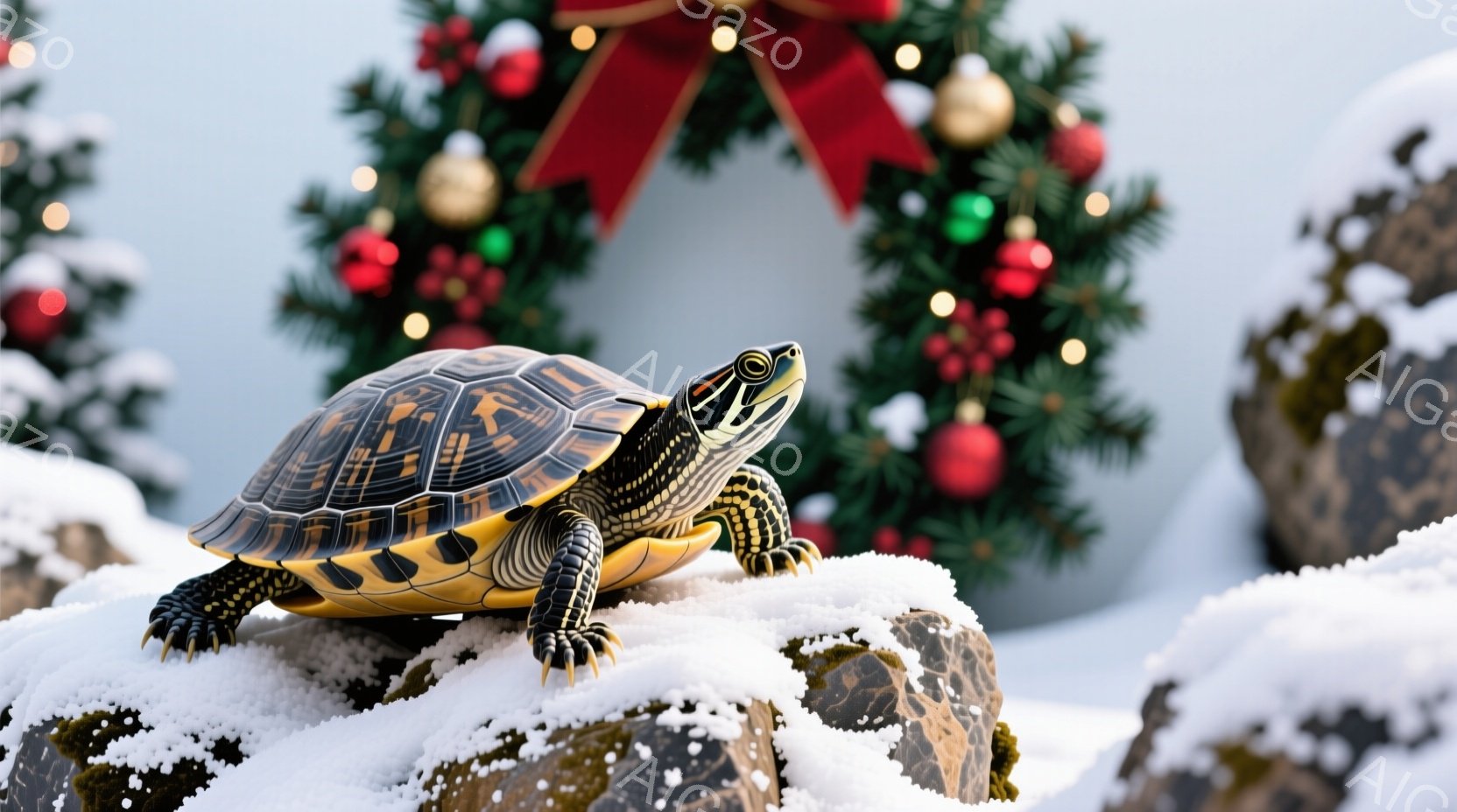 一匹のカメが雪の積もった岩の上に立っています。カメは鮮やかな黄色と黒の模様を持ち、鋭い視線で正面を見つめています。背景にはクリスマスリースが飾られ、雪景色と相まって、冬の温かさと生命力を感じさせる光景 - AI生成フリー素材