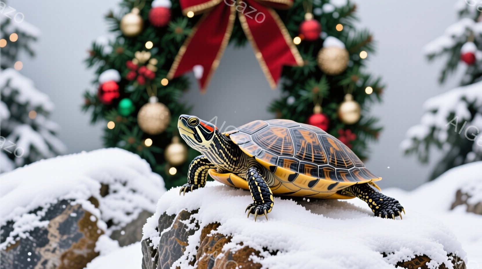 雪をまとった岩の上にいる小さな亀が写っています。亀は鮮やかな色合いで、特にその甲羅の模様と足の黄色い斑点が印象的です。背景には、クリスマスリースと、雪が降る冬の風景がぼやけて写り込み、全体的に穏やかで祝祭的な雰囲気を醸し出しています。