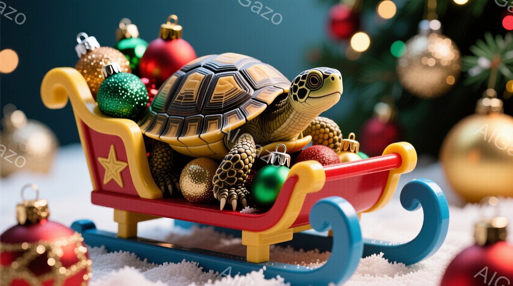 赤いそりに小さなリクガメが乗っており、周囲にはクリスマスオーナメントが散りばめられています。リクガメは丸い体を丸めて座り、前足を前に出してそりにしっかりとつかまっています。背景にはぼやけたクリスマスツリーの光があり、白い雪のようなものが敷き詰められ、暖かく可愛らしいクリスマスの雰囲気を醸し出しています。