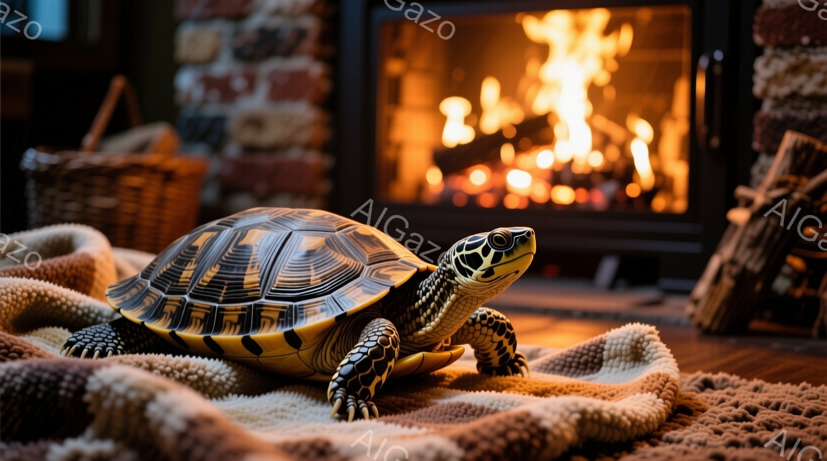 明るい色の縞模様が入った甲羅を持つカメが、クリーム色のざっくりとしたニットブランケットの上に座っている。背景にはレンガ造りの暖炉があり、燃え盛る炎が暖かさを感じさせる。全体的に、居心地の良い、静かで穏やかな雰囲気が漂っている。