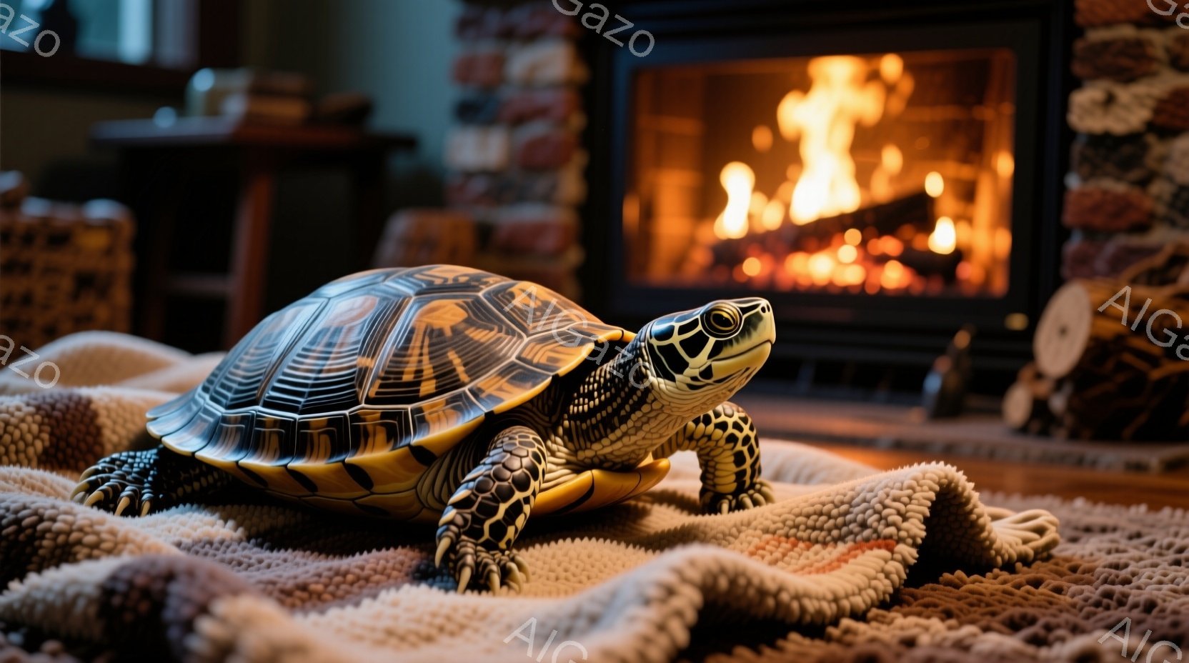 暖炉のそばで、模様の美しいカメがベージュ色の毛布の上で佇んでいます。カメは前足を伸ばし、注意深く前を見つめており、その甲羅の模様が特徴的です。背景にはレンガ造りの暖炉と薪が積み重ねられ、温かく居心地の良い雰囲気が漂っています。