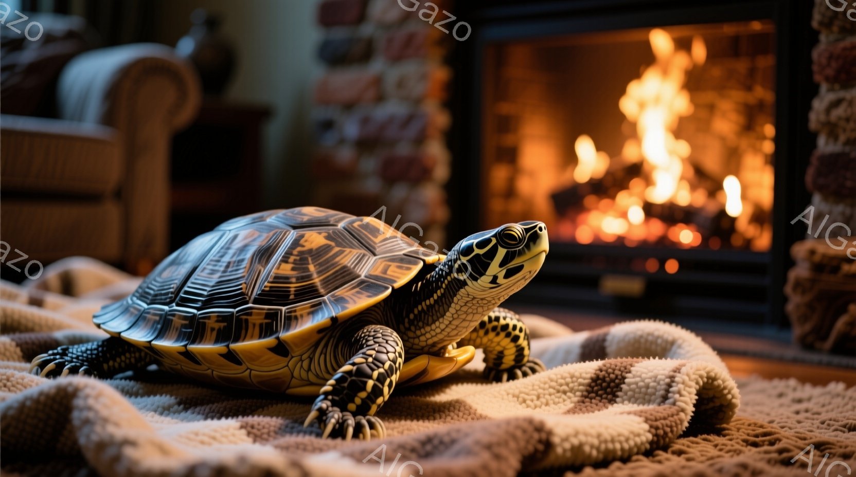 暖炉のそばで、美しい模様の大きなリクガメが柔らかい毛布の上にいます。リクガメは少し首を伸ばして前を見つめており、好奇心旺盛な表情をしています。背景には石造りの暖炉と、ぼんやりとした家具が見え、暖かく落ち着いた雰囲気が漂っています。