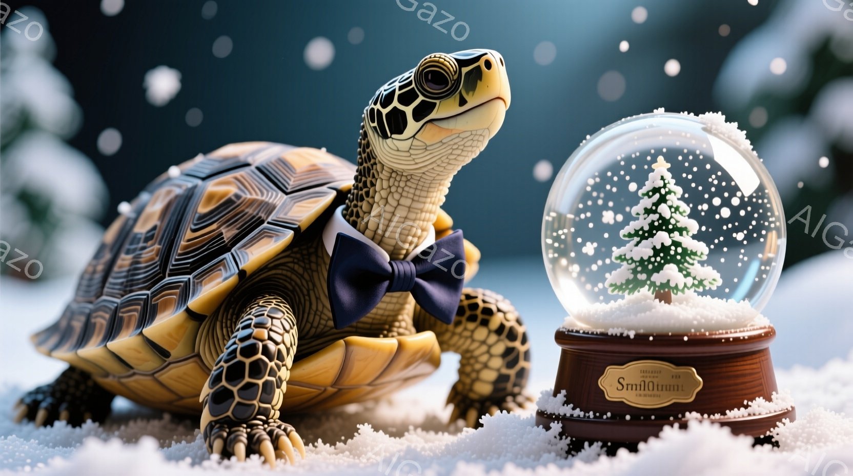 カメが雪の上に立っており、黒い蝶ネクタイをつけている。背景には雪が降り積もり、カメの横には雪の結晶が描かれたガラスの雪の玉が置かれている。全体的に暖かく、お祝いムードの冬の風景が表現されている。 - AI生成フリー素材