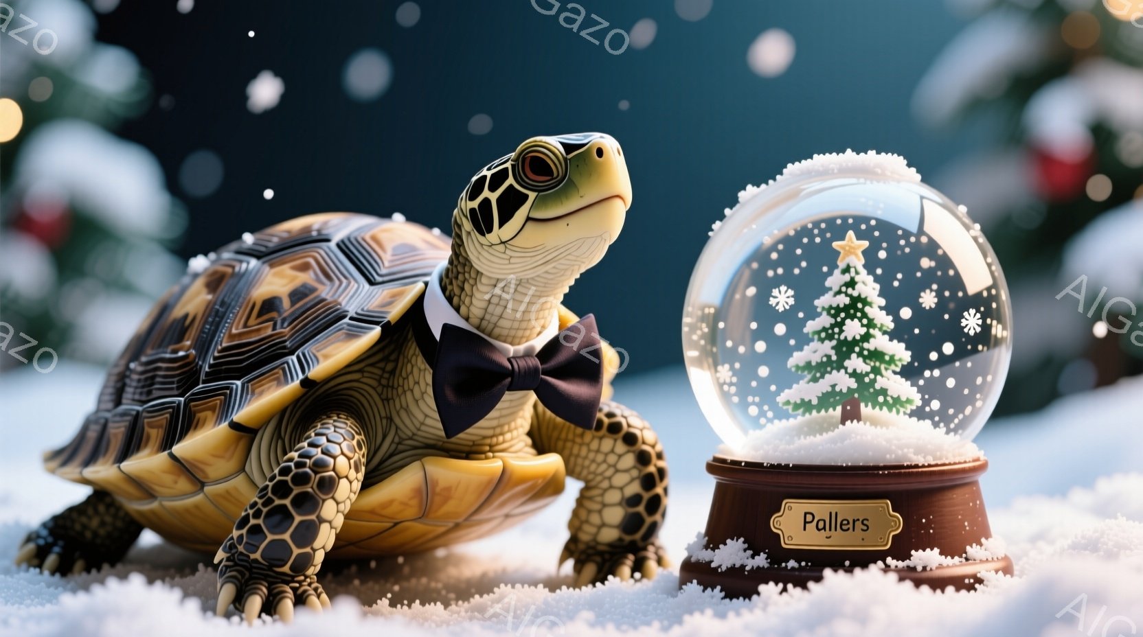 カメがボウタイを締め、雪景色の中に置かれたスノーグローブの横に立っている。背景にはぼやけたクリスマスツリーが見え、雪が舞い散る冬の雰囲気が漂っている。カメは少し上目遣いで、まるでスノーグローブの中のクリスマスツリーを見ているかのような表情をしている。