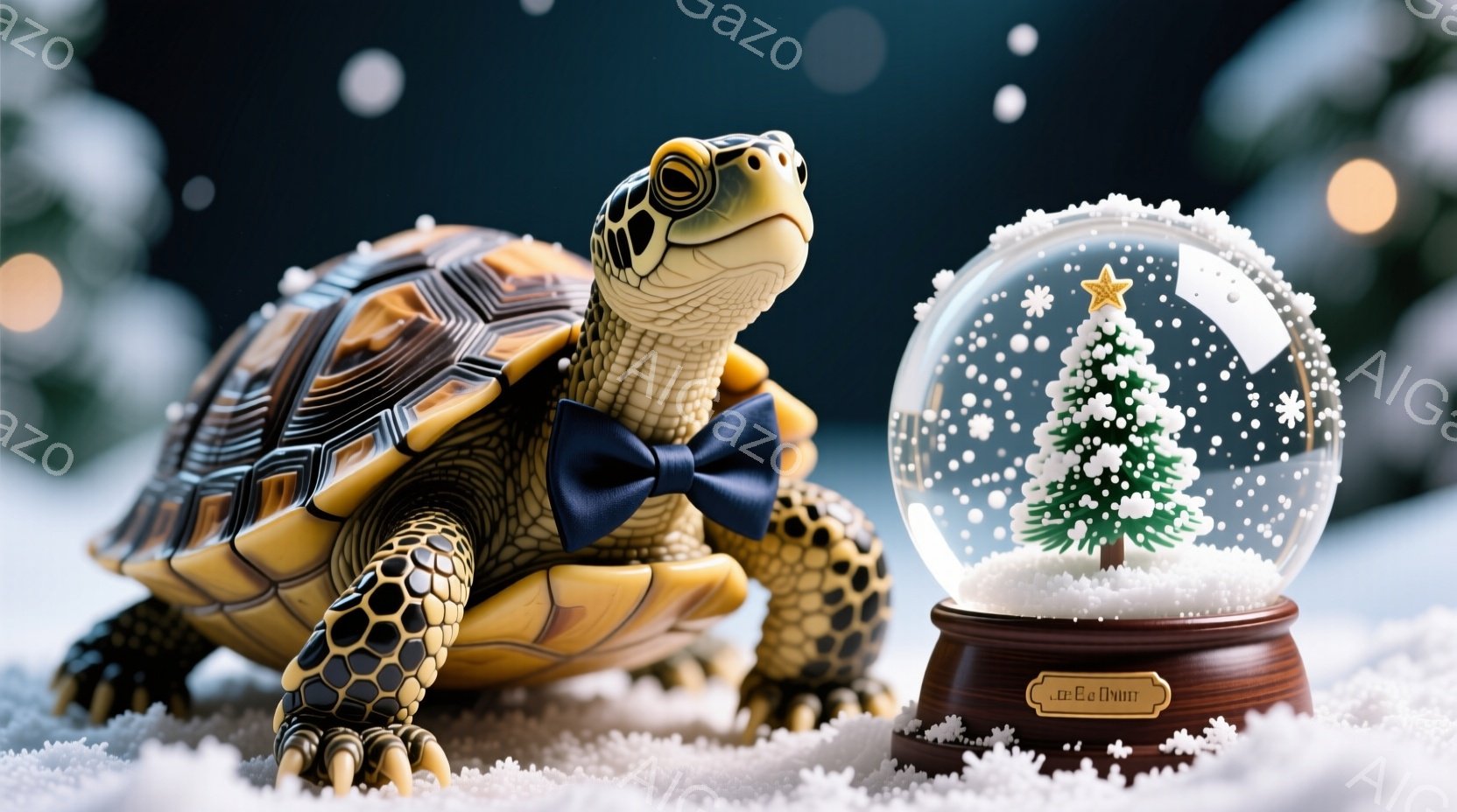 カメが雪の上に立っており、首には濃い青色のリボンタイを締めています。背景には雪が降り積もり、カメの隣にはクリスマスツリーが雪の中に閉じ込められたスノーグローブが置かれています。全体的に、暖かく、祝祭的 - AI生成フリー素材