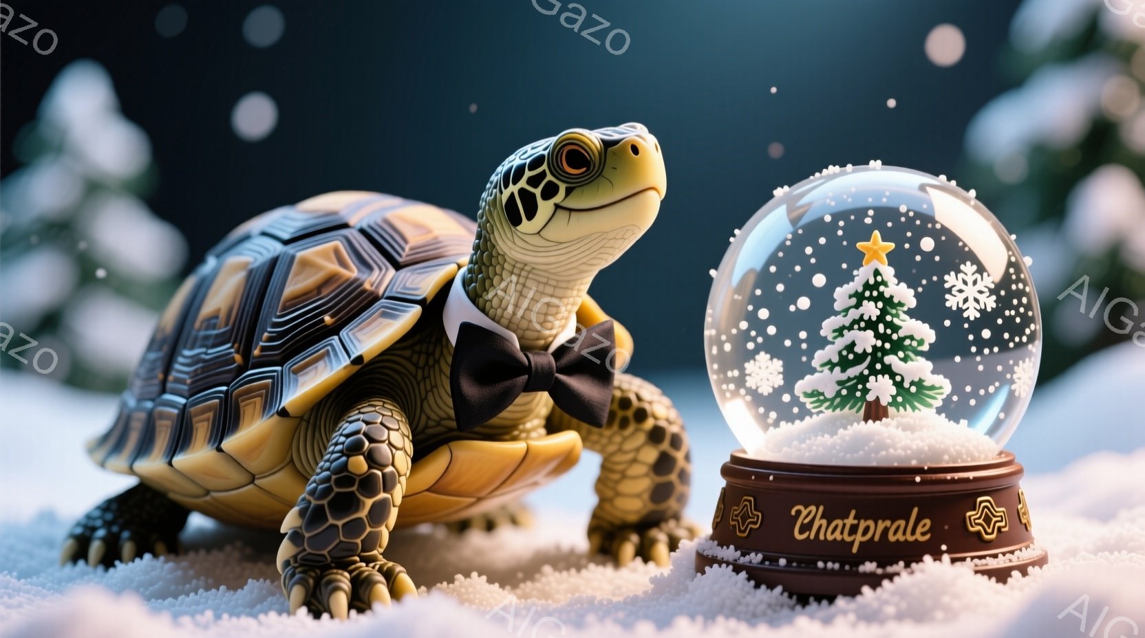 亀が雪景色の中に佇んでおり、黒い蝶ネクタイを締めて上品な印象を与えています。その隣には雪が舞うクリスマスの飾り入れがあり、中にはクリスマスツリーが飾られています。背景は雪に覆われた白い風景で、全体的に - AI生成フリー素材