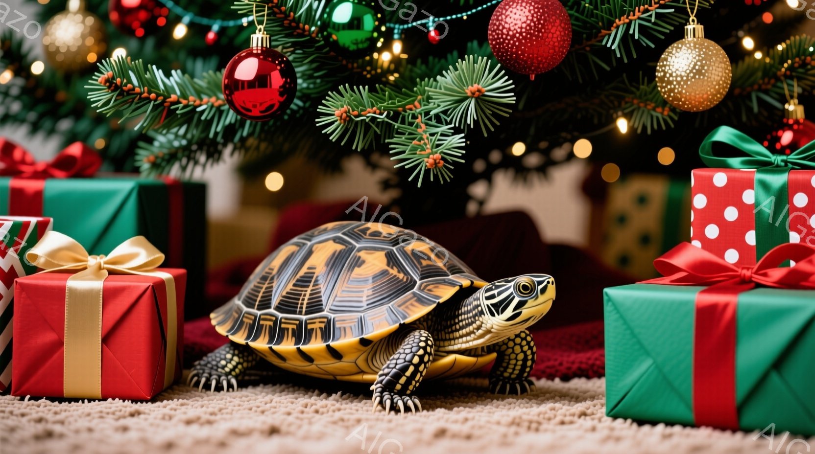 クリスマスツリーの足元に、可愛らしいカメがいます。カメは茶色と黄色の模様の甲羅を持ち、前足で地面をつかんで立っています。背景には、赤と緑の包装紙で包まれたプレゼントの箱がいくつか置かれ、クリスマスの温 - AI生成フリー素材
