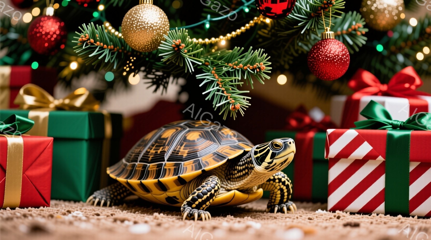 クリスマスツリーの背景に、甲羅に美しい模様のあるカメがいます。カメは前足を伸ばし、何かを探すように地面を歩いています。背景には赤、緑、白の包装紙で飾られたプレゼントボックスが置かれ、温かくお祝いの雰囲気です。