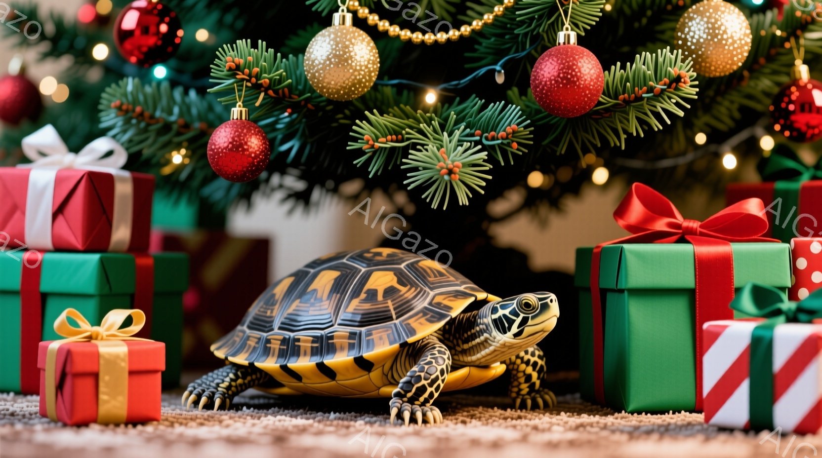 クリスマスツリーの足元に、かわいらしい甲羅を持つリクガメがいます。周囲には緑と赤のリボンで飾られたプレゼントの箱が積み重ねられており、背景にはキラキラと輝くオーナメントが飾られています。全体的に温かく、お祝いムードに満ちた雰囲気です。