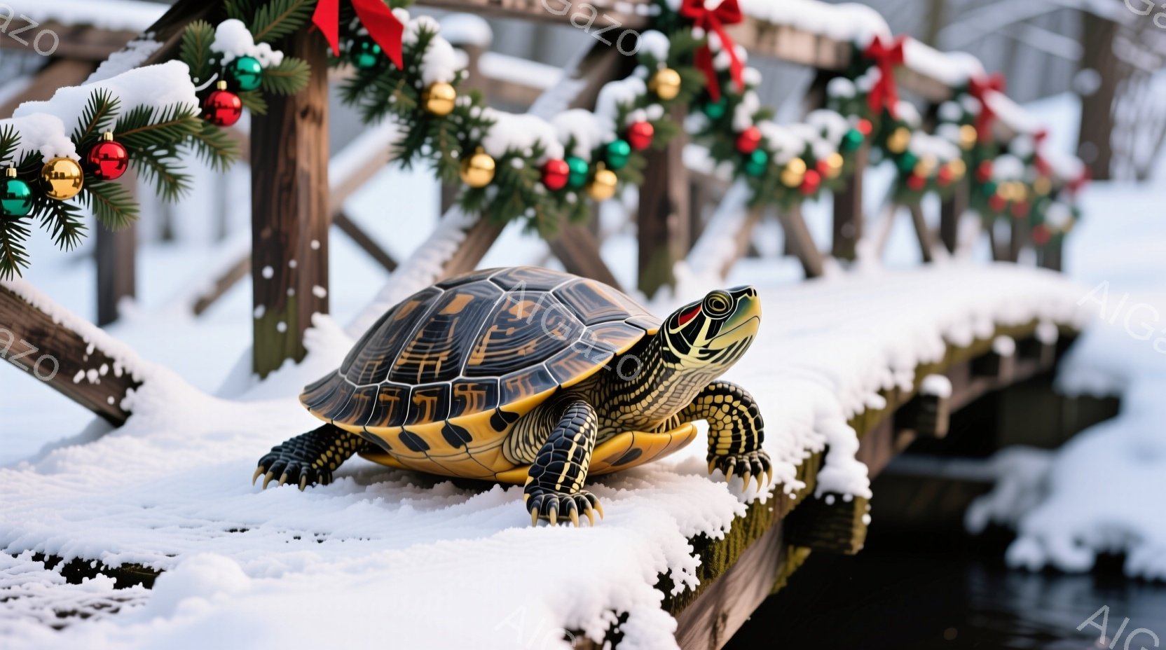 雪が降る木製の柵の上に、鮮やかな模様の亀が立っている。亀は前足を伸ばし、鋭い眼差しで何かを見つめているようだ。背景には雪景色が広がり、クリスマスのような装飾が施された柵が、冬の静けさの中でひときわ目を - AI生成フリー素材