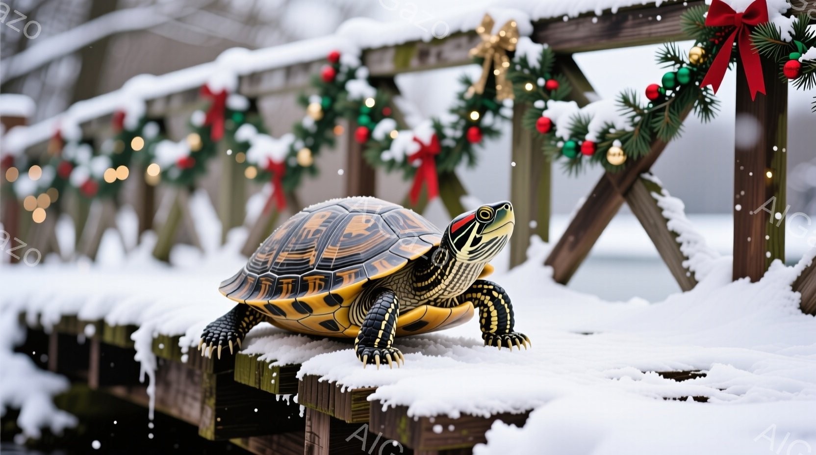 雪が降る桟橋の上に、美しい模様のクサガメが佇んでいます。その甲羅は黄色と黒の鮮やかなストライプで覆われ、まるで自然が生み出した芸術作品のようです。背景にはクリスマス装飾が施されたアーチがあり、冬の自然 - AI生成フリー素材