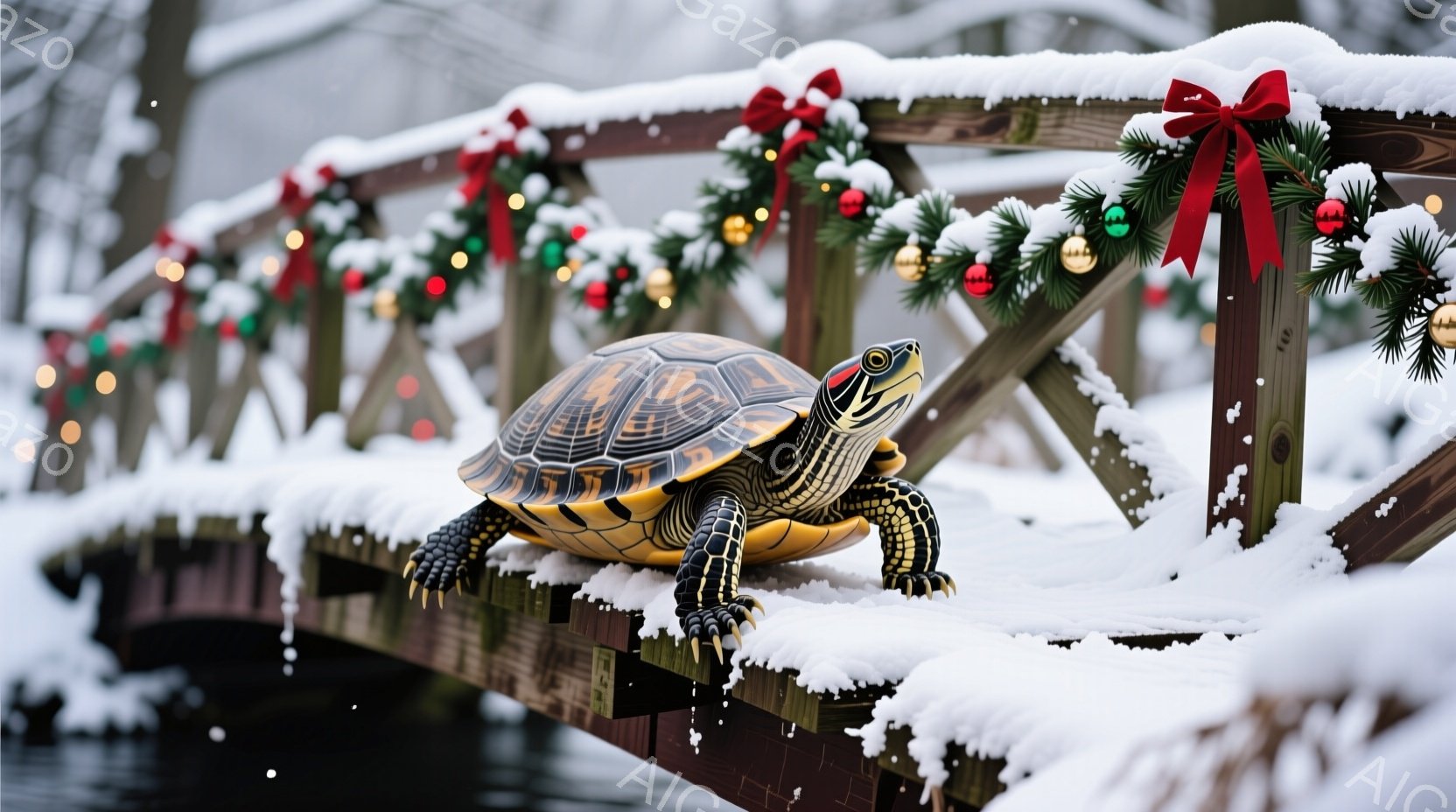 雪が降り積もった木製の橋の上に、模様のある甲羅を持つカメが立っている。橋はクリスマスらしい装飾で飾られており、緑の葉と赤いリボン、輝く電球が冬の風景に温かさと色彩を加えている。カメは前方をまっすぐ見つ - AI生成フリー素材