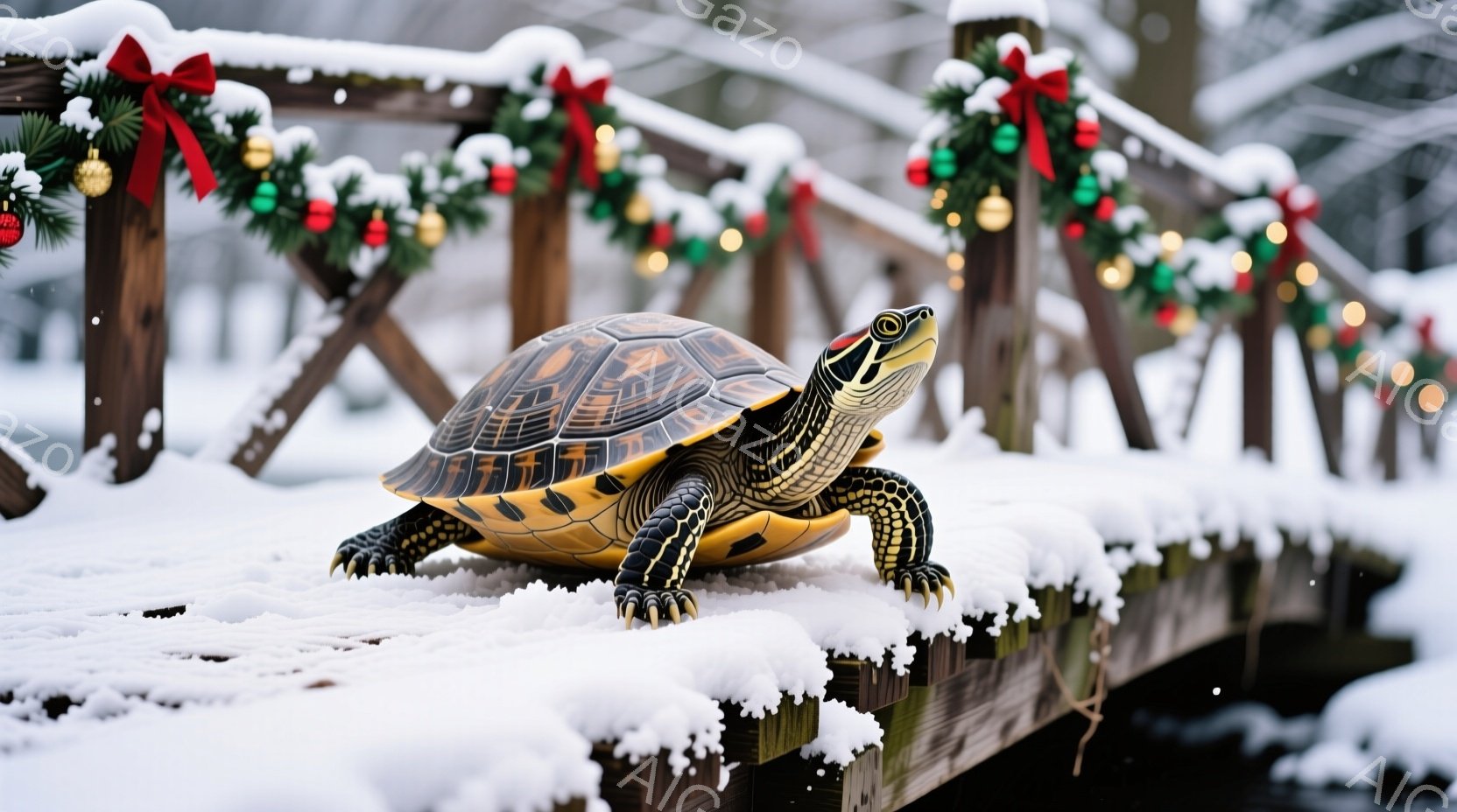 雪が降る木製の橋の上に、美しい模様の亀が立っている。亀は前に進むように姿勢を低く保ち、雪で覆われた橋の上をじっと見つめているように見える。背景には、クリスマス装飾が施された緑のリースが飾られた橋の柵が - AI生成フリー素材