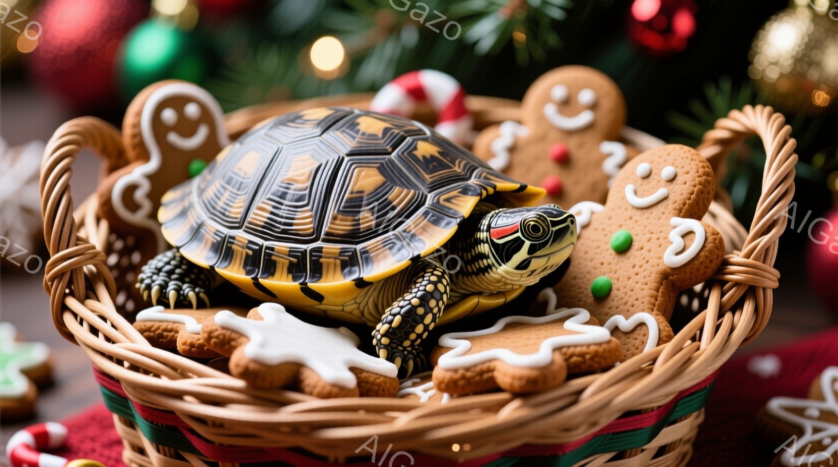 籠の中に小さな亀が、ジンジャーブレッドクッキーに囲まれて横たわっています。亀の甲羅は複雑な模様で、鮮やかな色合いです。背景にはクリスマスツリーの飾りやキャンディケーンが見え、温かくお祝いムードにあふれ - AI生成フリー素材