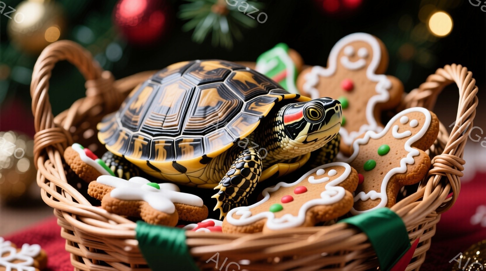 籠の中に、美しい模様のウミガメが、クリスマスのジンジャーブレッドクッキーに囲まれて横たわっています。背景には、ぼやけたクリスマスツリーや装飾が映り込み、全体的に温かく、お祝いムードに満ちた雰囲気です。 - AI生成フリー素材