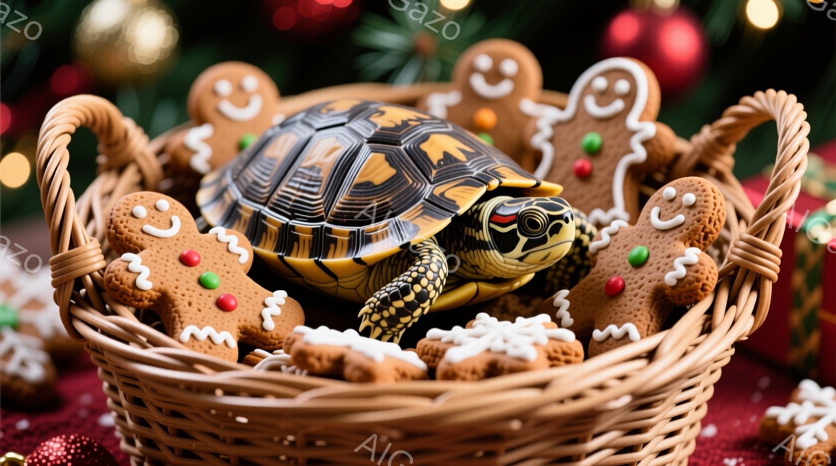 籠の中に、美しい模様の甲羅を持つ小さな亀が横たわっています。周囲には、アイシングで可愛く飾られたジンジャーブレッドマンが散りばめられ、赤色の背景とキラキラ光る装飾がクリスマスの雰囲気を高めています。全体的に暖かく、遊び心のある、お祝いのムードが漂っています。
