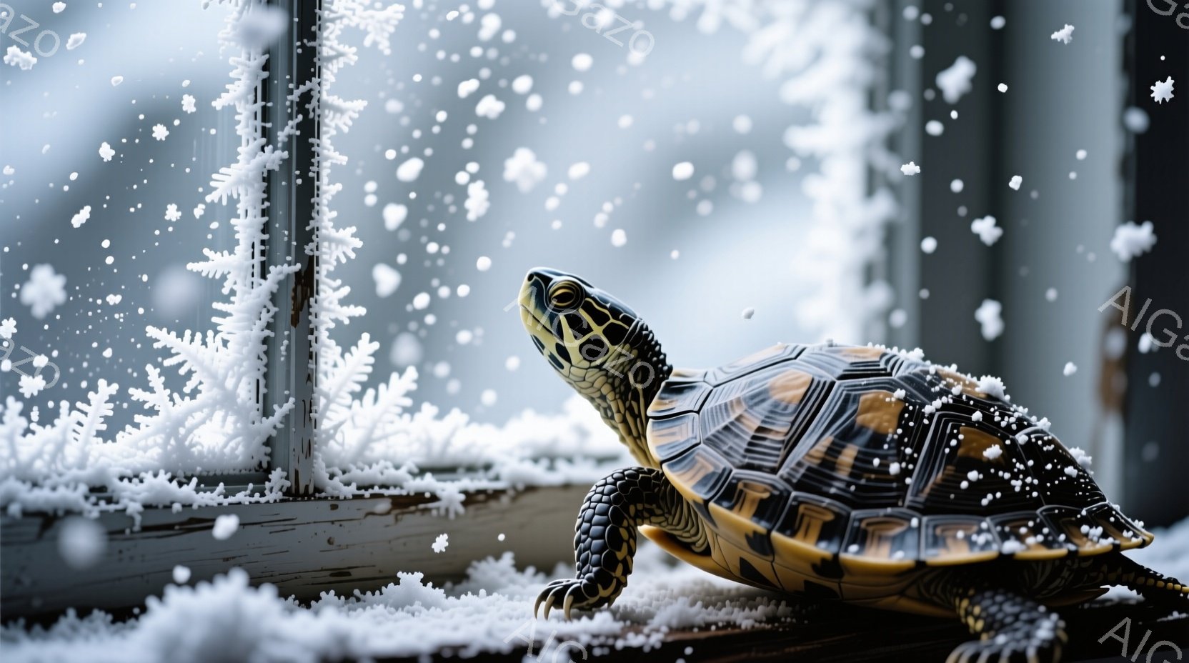 雪が降る窓辺に、甲羅に美しい模様を持つカメが佇んでいます。カメは前方をじっと見つめ、その表情はどこか思慮深く、凛々しい印象を与えます。背景は雪に覆われた木々や建物で、冬の静寂とカメの落ち着いた雰囲気が調和しています。