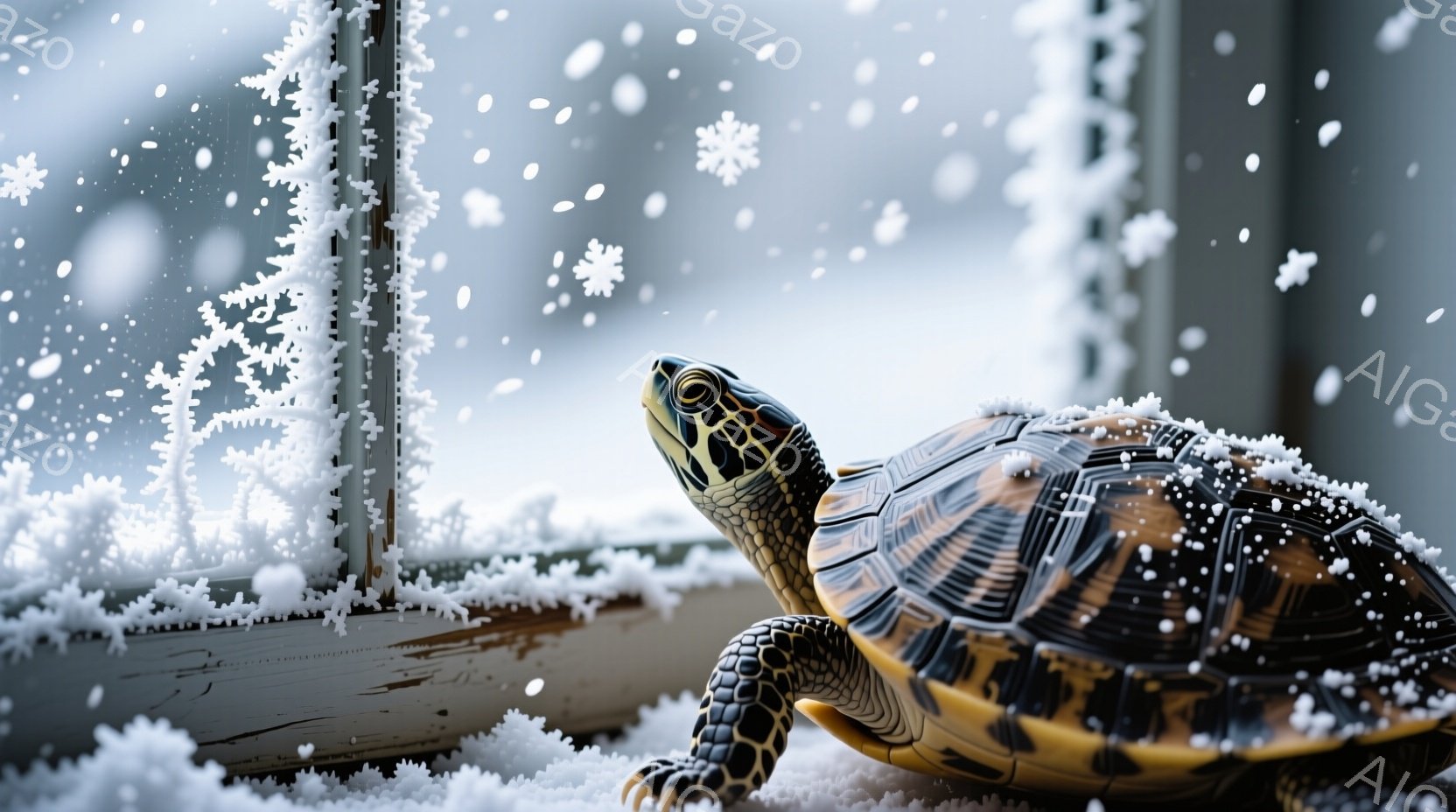 雪が降り積もる窓枠に佇むカメが写っている。カメは茶色と黄色の模様が特徴的で、鋭い眼差しで何かを見つめているようだ。背景は雪景色で、カメの周りにも雪の結晶が舞い、冬の静寂と生命力を感じさせる。 - AI生成フリー素材
