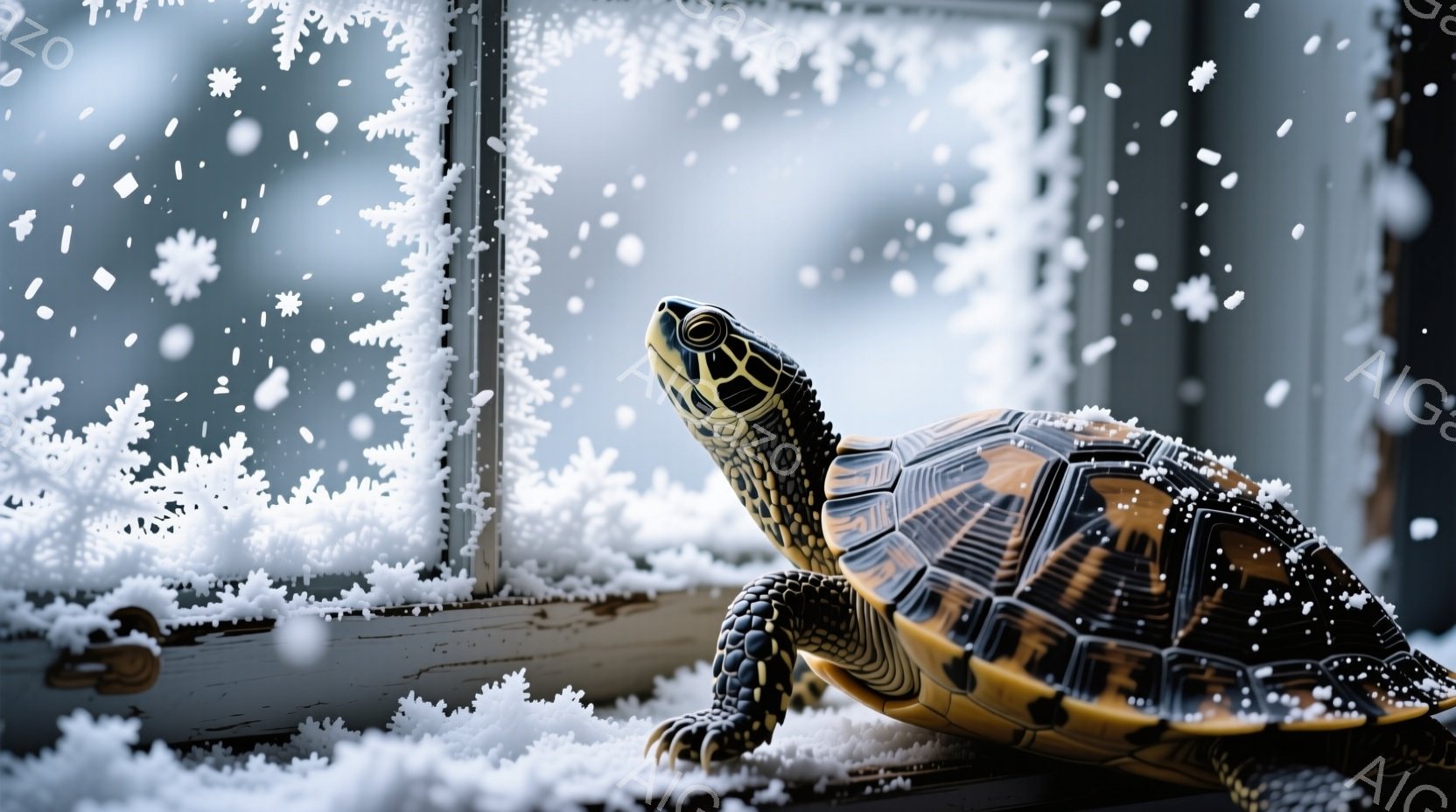 雪で覆われた窓枠の上にいるリクガメが写っています。カメは右を向き、鋭い視線で何かを見つめており、その殻は複雑な模様で覆われています。背景は雪景色で、冷たい冬の雰囲気を醸し出しています。 - AI生成フリー素材
