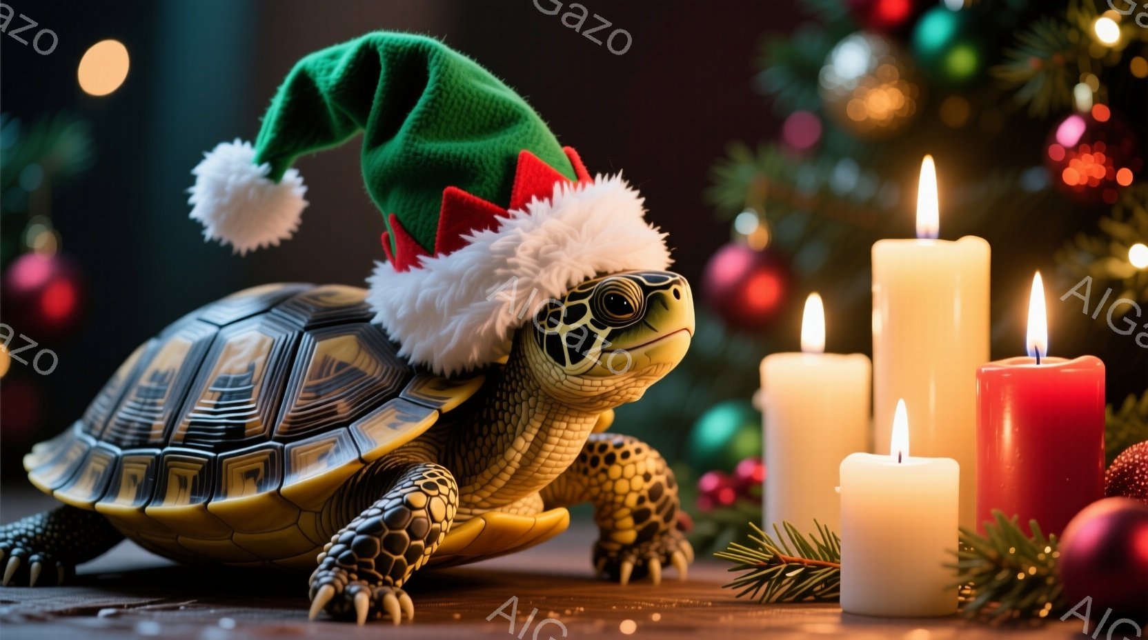 カメがクリスマス風の帽子をかぶって正面を見つめています。背景にはぼやけたクリスマスツリーの飾りと、点灯しているキャンドルが複数配置され、暖かく穏やかな雰囲気が漂っています。カメの表情は穏やかで、まるで - AI生成フリー素材
