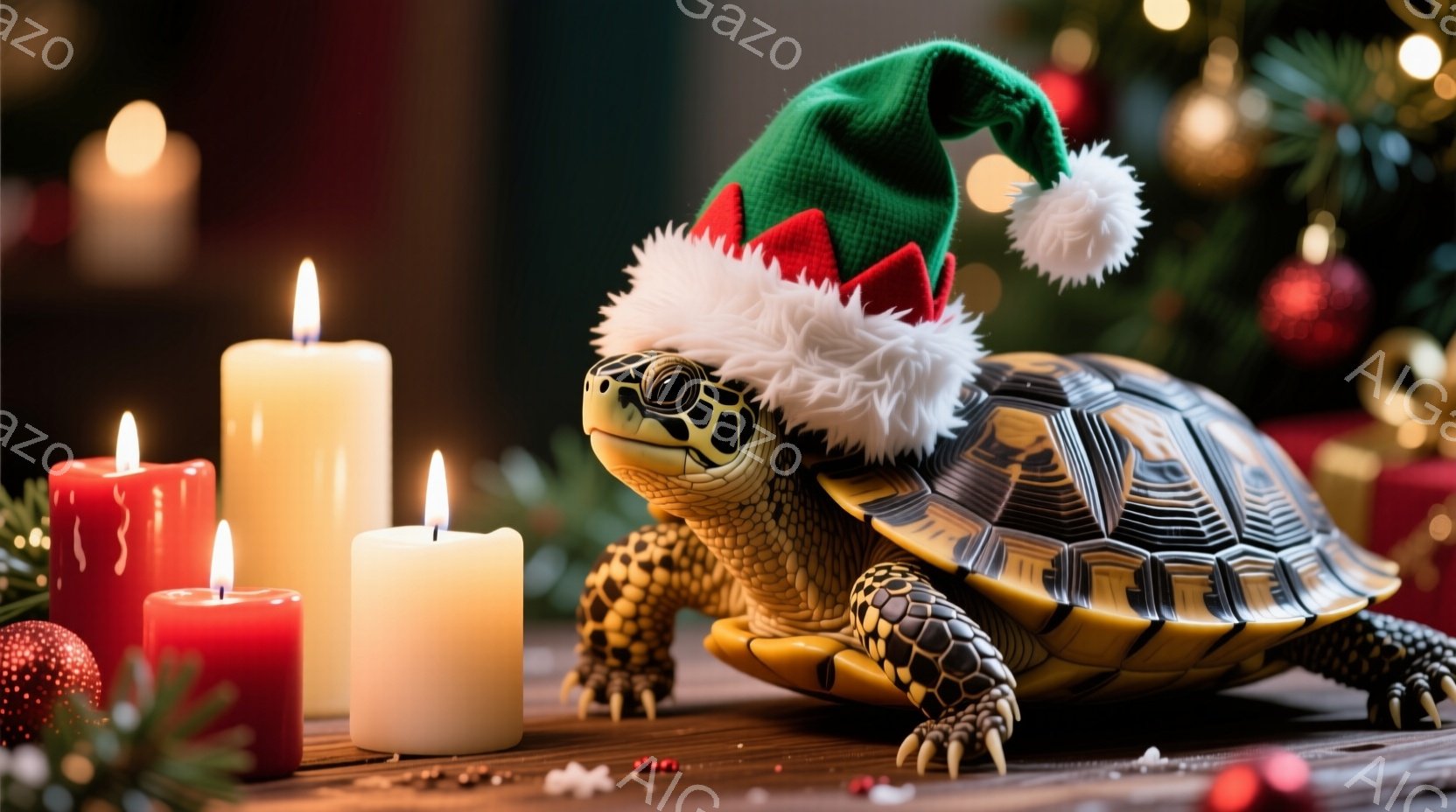 リクガメがクリスマスツリーの背景の前で、赤い縁取りと白い毛皮のついたサンタの帽子を被っています。暖かく、ぼやけた背景には、赤いオーナメントと点灯されたクリスマスツリーが見え、赤いキャンドルと白いキャンドルがリクガメの周りに配置されています。全体的に、暖かい光とクリスマスの装飾が、お祝いの、のどかな雰囲気を醸し出しています。