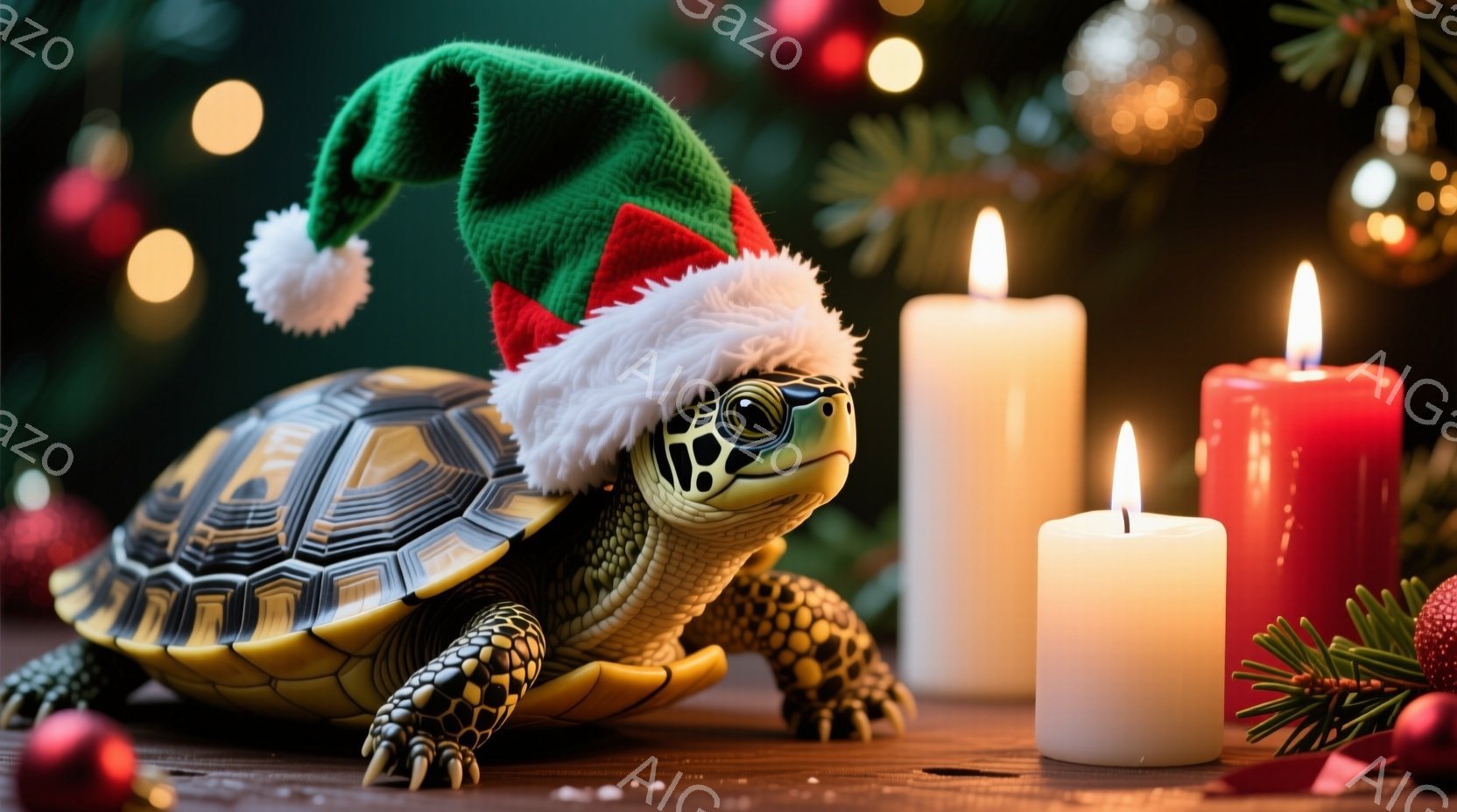 一匹のカメがクリスマスツリーの飾りと白いキャンドルに囲まれ、赤い縁取りの緑色のサンタ帽子をかぶっています。カメは少し前かがみになり、右足を少し前に出して立っています。背景はぼかされており、赤いオーナメント、緑の葉っぱ、そして暖かく光るぼんやりとした光がクリスマスの温かい雰囲気を醸し出しています。