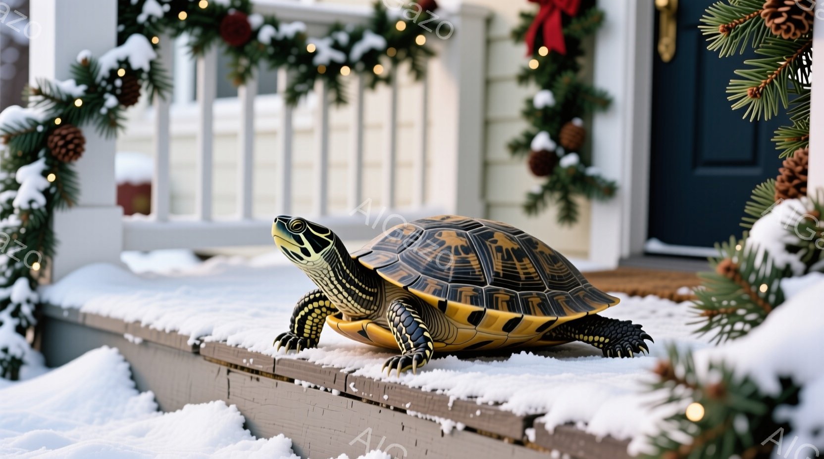 雪が積もった家の階段に、甲羅が美しい大きな亀が佇んでいます。亀は前足を伸ばし、少し前かがみの姿勢で、まるで何かを見つめているかのようです。背景にはクリスマス飾りが施された玄関があり、暖かい光が灯り、冬の穏やかな雰囲気を醸し出しています。