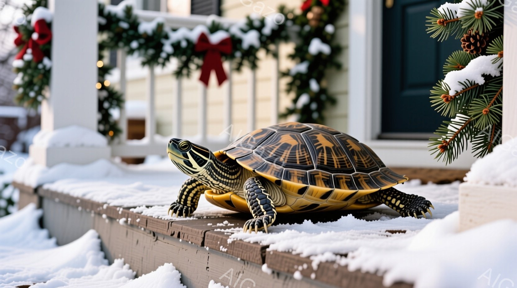 雪が積もった家の外階段に、甲羅に美しい模様が入ったカメが佇んでいます。カメは前方をまっすぐ見つめ、少し警戒しているような表情をしています。背景にはクリスマス装飾が施された玄関があり、冬の穏やかな雰囲気 - AI生成フリー素材