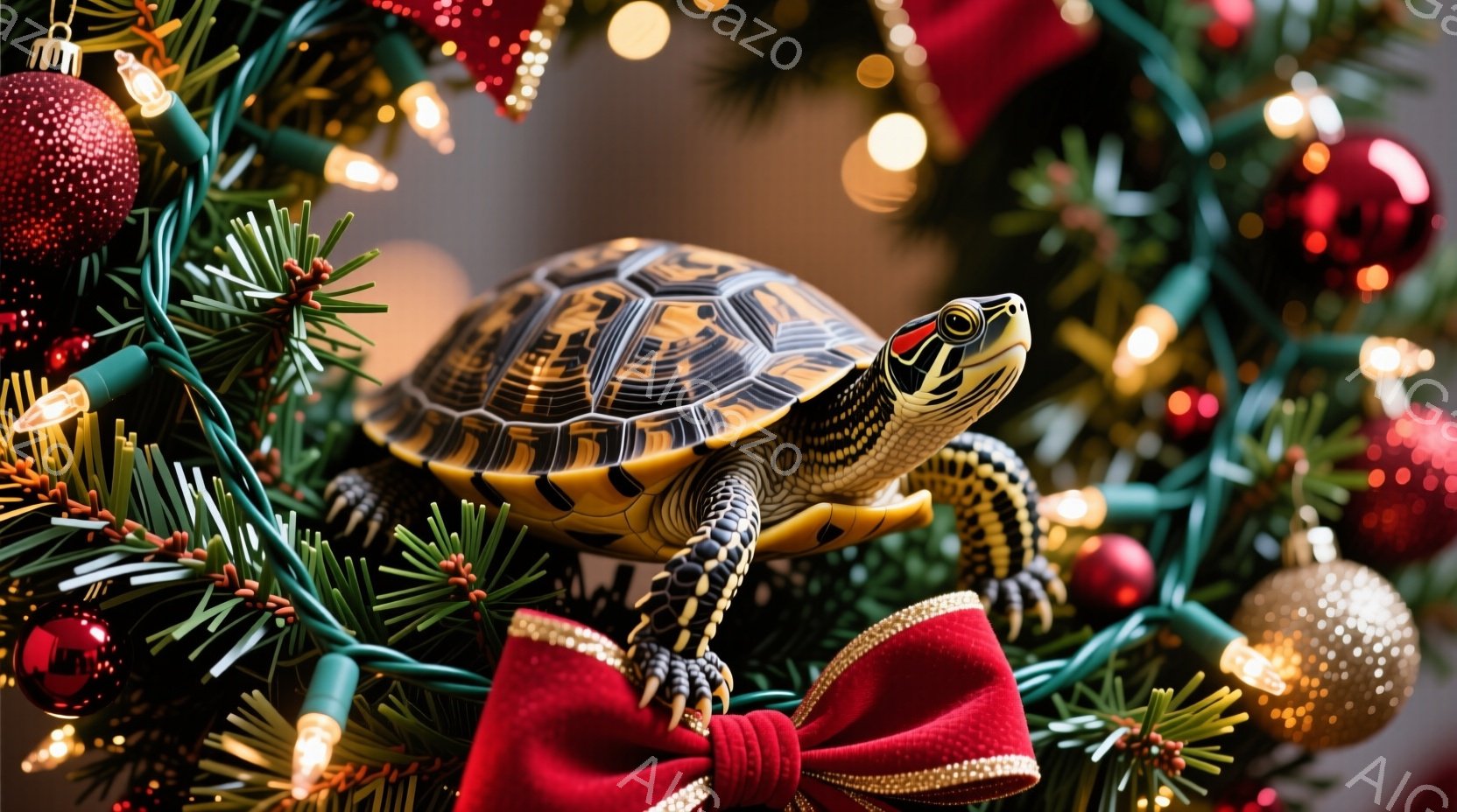 クリスマスツリーの緑の枝に、美しい模様の大きな亀が乗っています。亀は赤い大きなリボンに前足をかけ、興味深そうに正面を見ています。背景には、キラキラと光るクリスマスオーナメントや電飾があり、華やかで暖かい祝祭の雰囲気が漂っています。