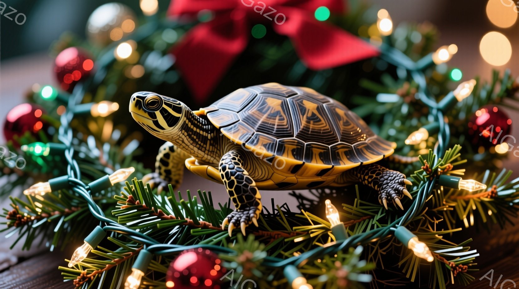 クリスマスツリーの飾り付けの中に、甲羅に美しい模様のあるカメが佇んでいます。緑色のガーランドと煌めく電飾、赤いオーナメントに囲まれ、カメは前足を伸ばしてリラックスした姿勢を見せています。背景には木製のテーブル面が僅かに見え、全体的に暖かく、お祝いムードに満ちた雰囲気です。