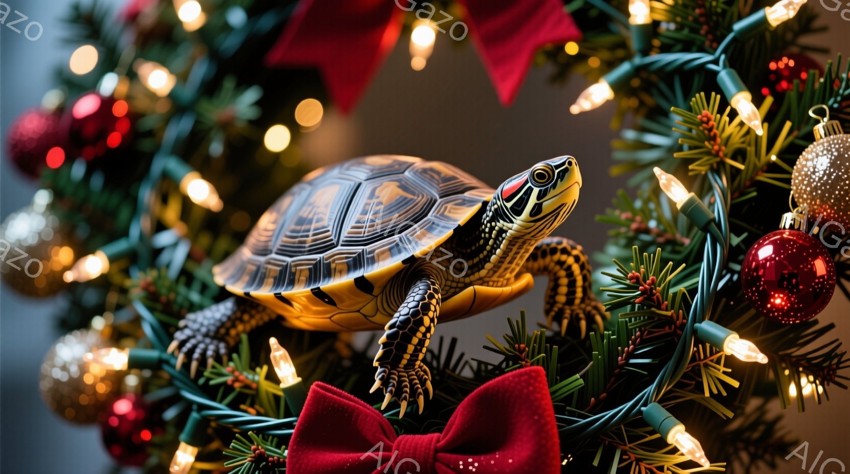 鮮やかなクリスマスのリースの上に、小さなカメがよじ登っている様子が写っている。カメは緑と黄色の模様が特徴で、興味深そうにカメラを見つめている。背景には赤いオーナメントや光る電飾が飾られ、華やかで温かい - AI生成フリー素材