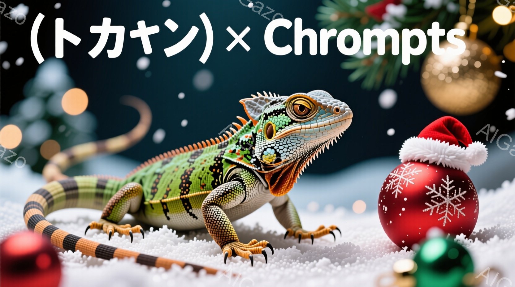 美しい色のトカゲが雪の上に座っており、頭には赤いサンタの帽子をかぶっています。トカゲは鋭い目つきでカメラを見つめ、緑、オレンジ、黄色の鮮やかな色彩が特徴的です。背景には、雪が舞う中でクリスマスオーナメ - AI生成フリー素材