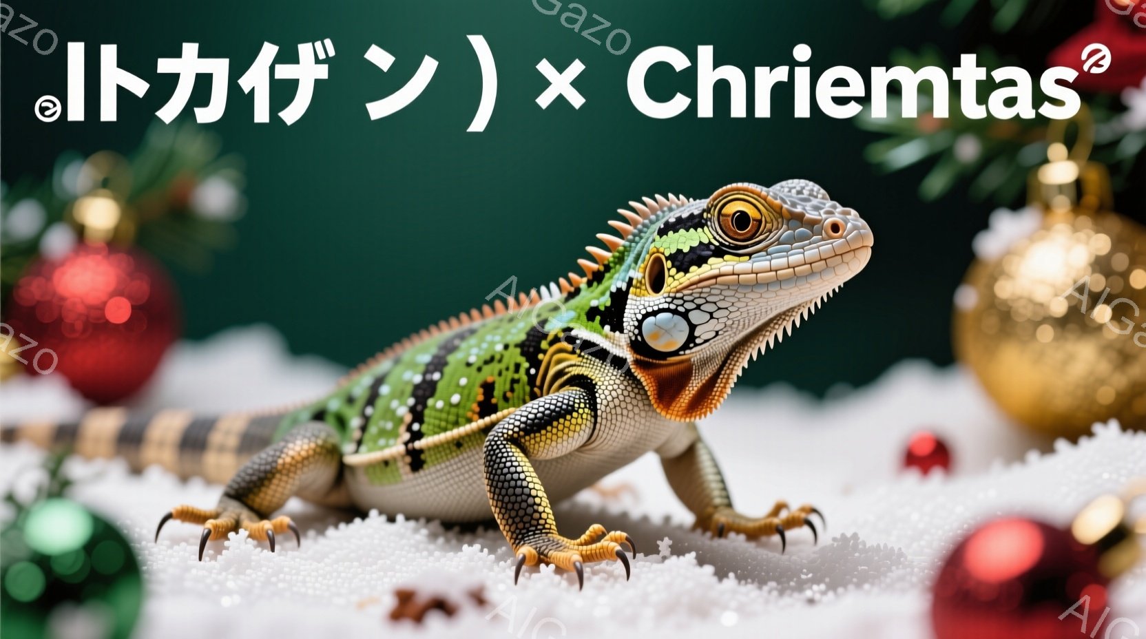 画像には鮮やかな色のトカゲが雪のような白い表面の上に座っています。トカゲはオレンジ色の爪と足を持ち、緑、青、黄色の複雑な模様が体の側面に広がっています。背景には、ぼやけたクリスマスオーナメントと緑色の - AI生成フリー素材