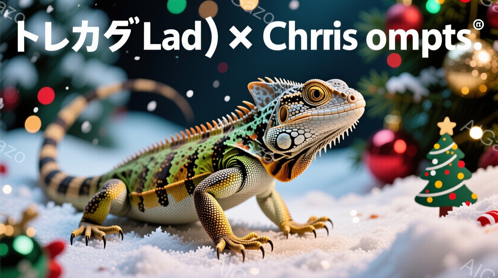 これは、鮮やかな色のトカゲが雪の上にいる写真です。トカゲは緑と黒の縞模様を持ち、鋭い爪と強い眼差しで、まるでクリスマスの飾り付けの中に潜んでいるようです。背景にはぼやけたクリスマスツリーや飾りが見え、冬の祝祭の雰囲気を醸し出しています。