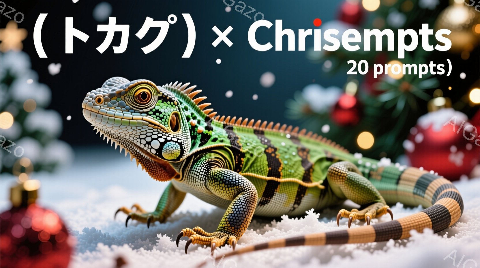 鮮やかな緑色のトカゲが、白い雪の上に佇んでいます。体には黄色と黒の縞模様があり、鋭い爪と鮮やかな赤い目を持っています。背景にはぼやけたクリスマスオーナメントが見え、冬の休日の雰囲気を作り出しています。 - AI生成フリー素材