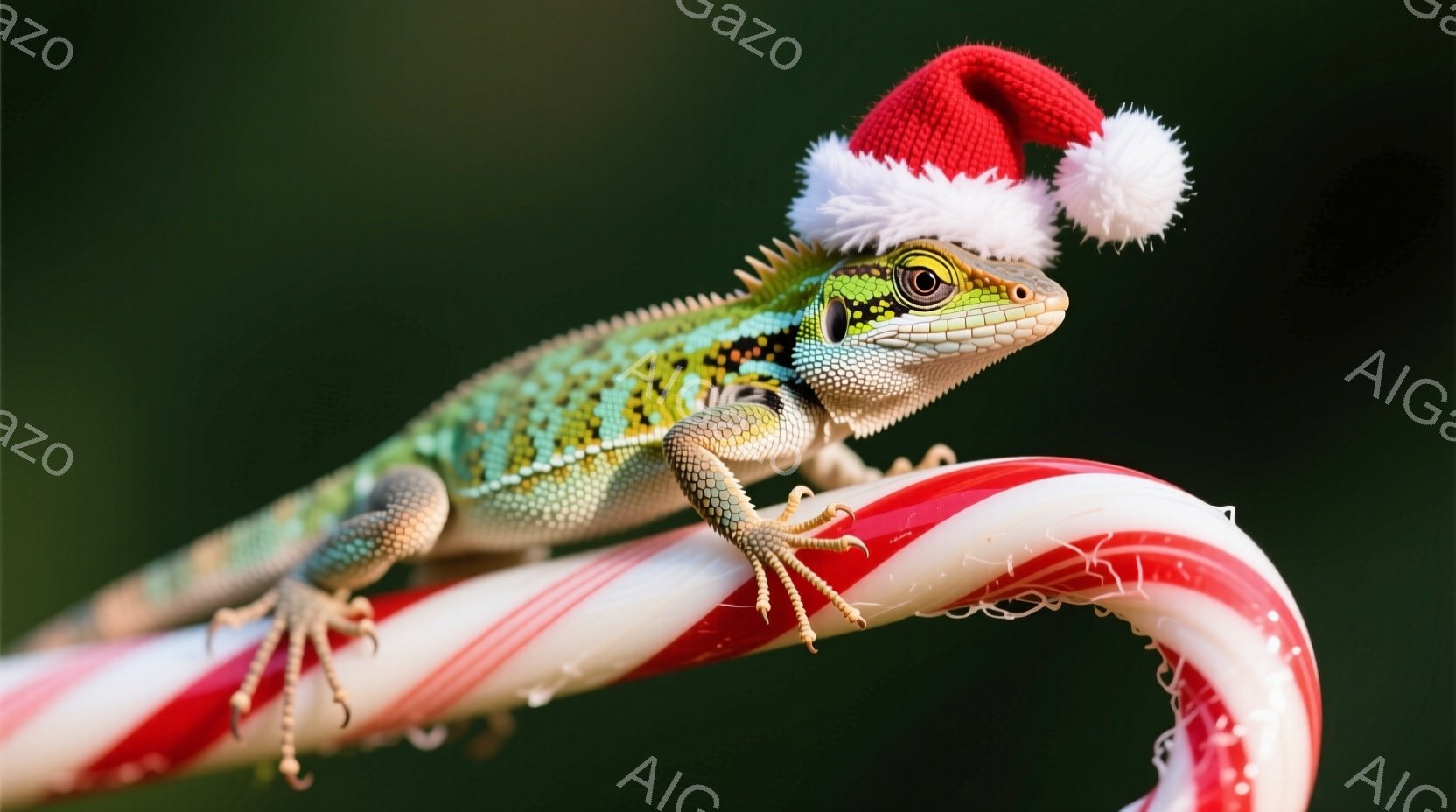緑とオレンジ色の美しいトカゲが、真っ赤な白線が巻かれたキャンディケーンの上に巻き付いています。トカゲは小さな赤いサンタ帽を被っており、その表情はどこか楽しげです。背景は暗緑色で、キャンディケーンの赤と白が際立っており、クリスマスの陽気な雰囲気を醸し出しています。
