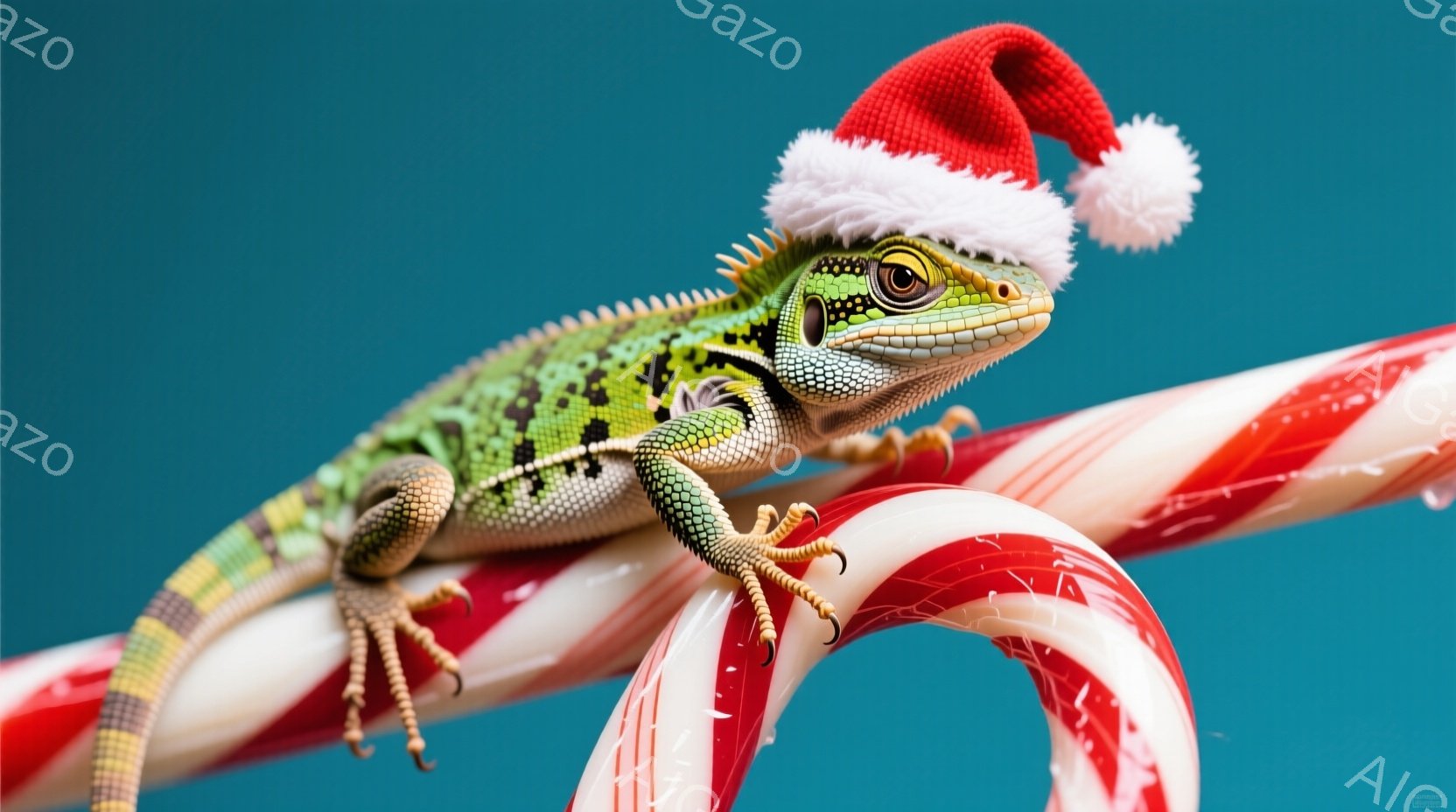 鮮やかな緑色のトカゲが、頭に赤いサンタ帽をかぶって、赤と白のキャンディケーンの上でくつろいでいます。トカゲは鋭い眼差しで正面を見つめ、まるでクリスマスを楽しむかのような表情をしています。背景は明るい水 - AI生成フリー素材