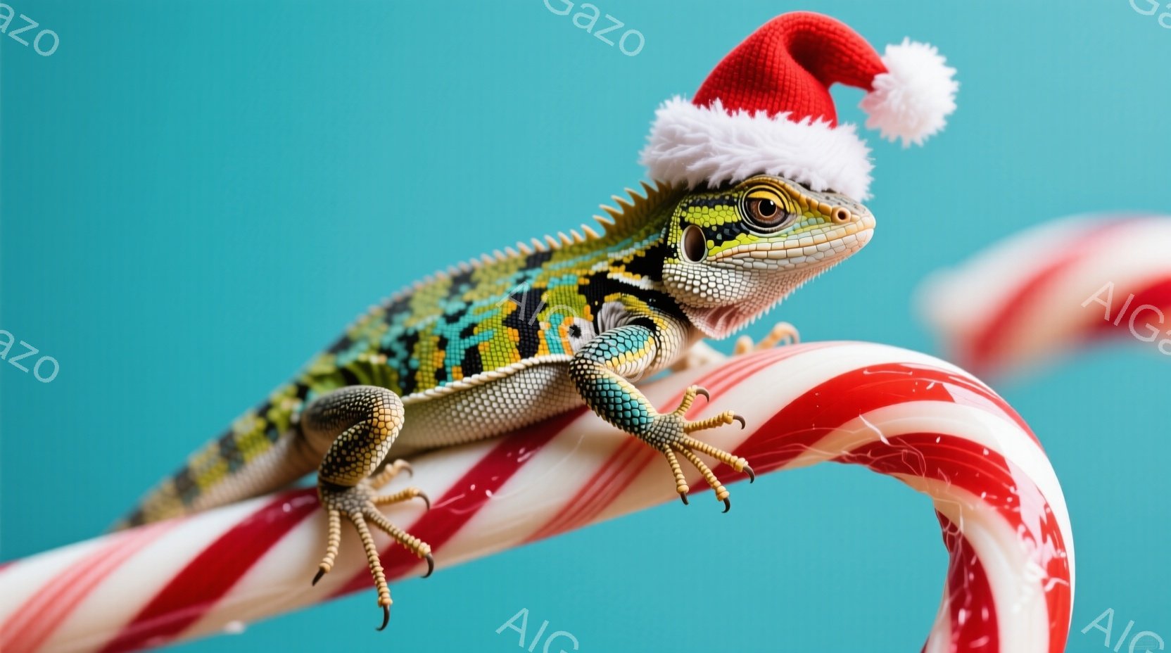 明るい水色の背景に、キャンディケーンのような赤い線と白い線が交互に繰り返される棒の上に乗ったトカゲが描かれています。トカゲは鮮やかな緑、青、黄色、オレンジ色の模様を持ち、頭にはサンタクロースの帽子をかぶっています。その表情は穏やかで、爪でしっかりと棒にしがみついており、クリスマスの楽しい雰囲気を醸し出しています。
