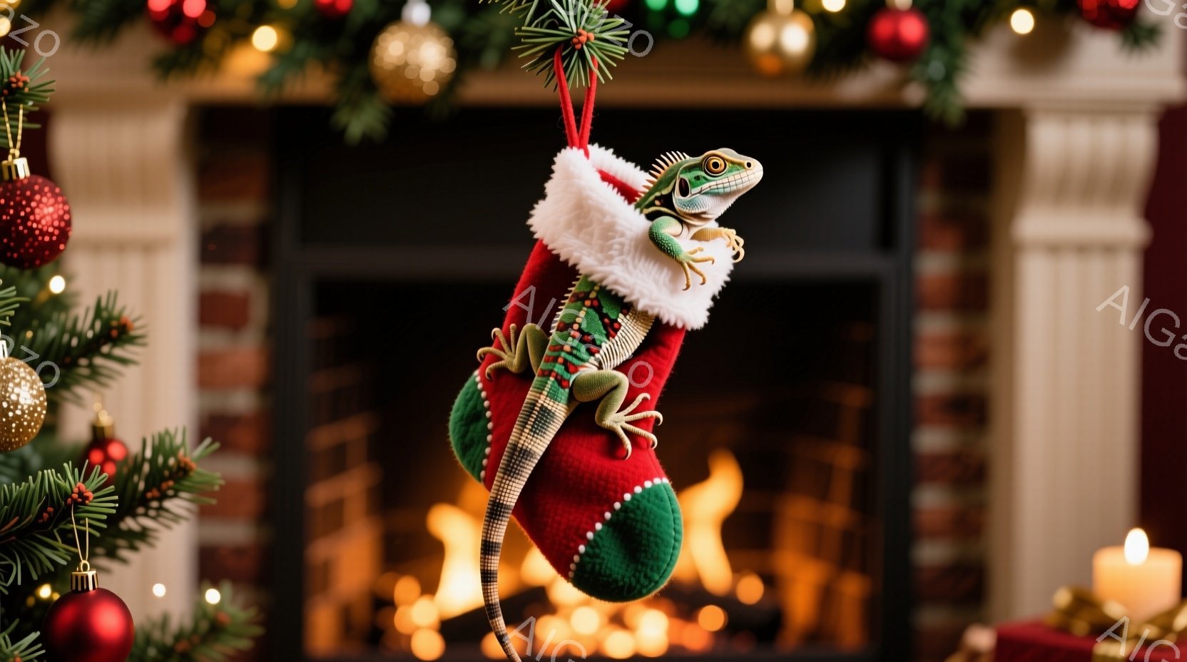 クリスマスツリーの飾り付けがされた暖炉の前で、緑色のクリスマスストッキングから頭と前足をのぞかせた緑色のトカゲが描かれています。トカゲはリラックスした様子で、ストッキングから身を乗り出し、好奇心旺盛な - AI生成フリー素材