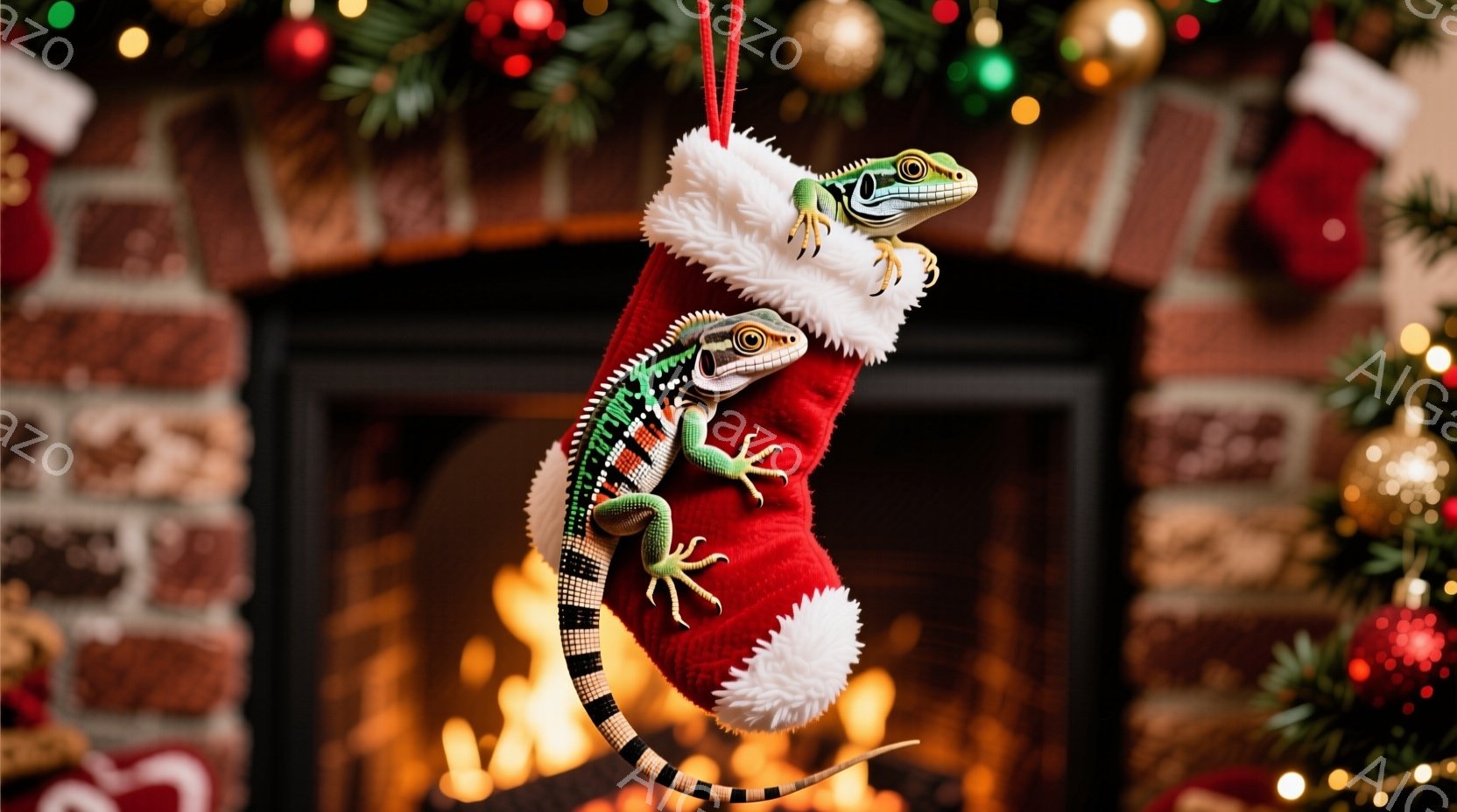 赤いクリスマスストッキングの中に、緑色と黒色の模様を持つトカゲが入り込んでいます。トカゲはストッキングの中で体を伸ばし、好奇心旺盛な表情でこちらを見ています。背景には暖炉の炎と装飾されたクリスマスツリ - AI生成フリー素材