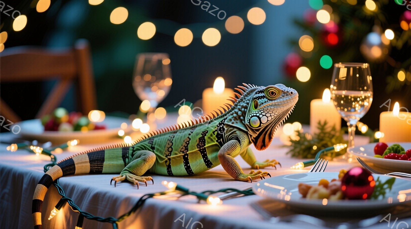 白いテーブルクロスが敷かれた食卓に、緑と黒の縞模様が特徴的なイグアナが横たわっています。キラキラと光るクリスマスツリーのイルミネーションと、点在するキャンドルが暖かく幻想的な雰囲気を醸し出しています。食卓には、半分食べられた料理とグラスが置かれ、イグアナはまるで夕食会に参加しているかのようなユニークな光景を作り出しています。