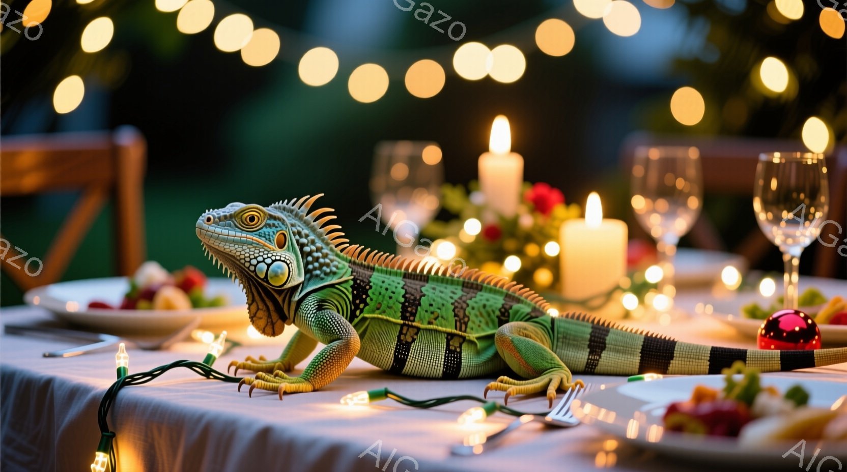 テーブルの上には、緑色のイグアナが横たわっており、周囲には食事が用意されている。キャンドルやクリスマスのイルミネーションが暖かく、食卓を照らし、パーティーの準備ができているような雰囲気である。背景にはぼやけた庭が見え、穏やかでリラックスした夜を連想させる。