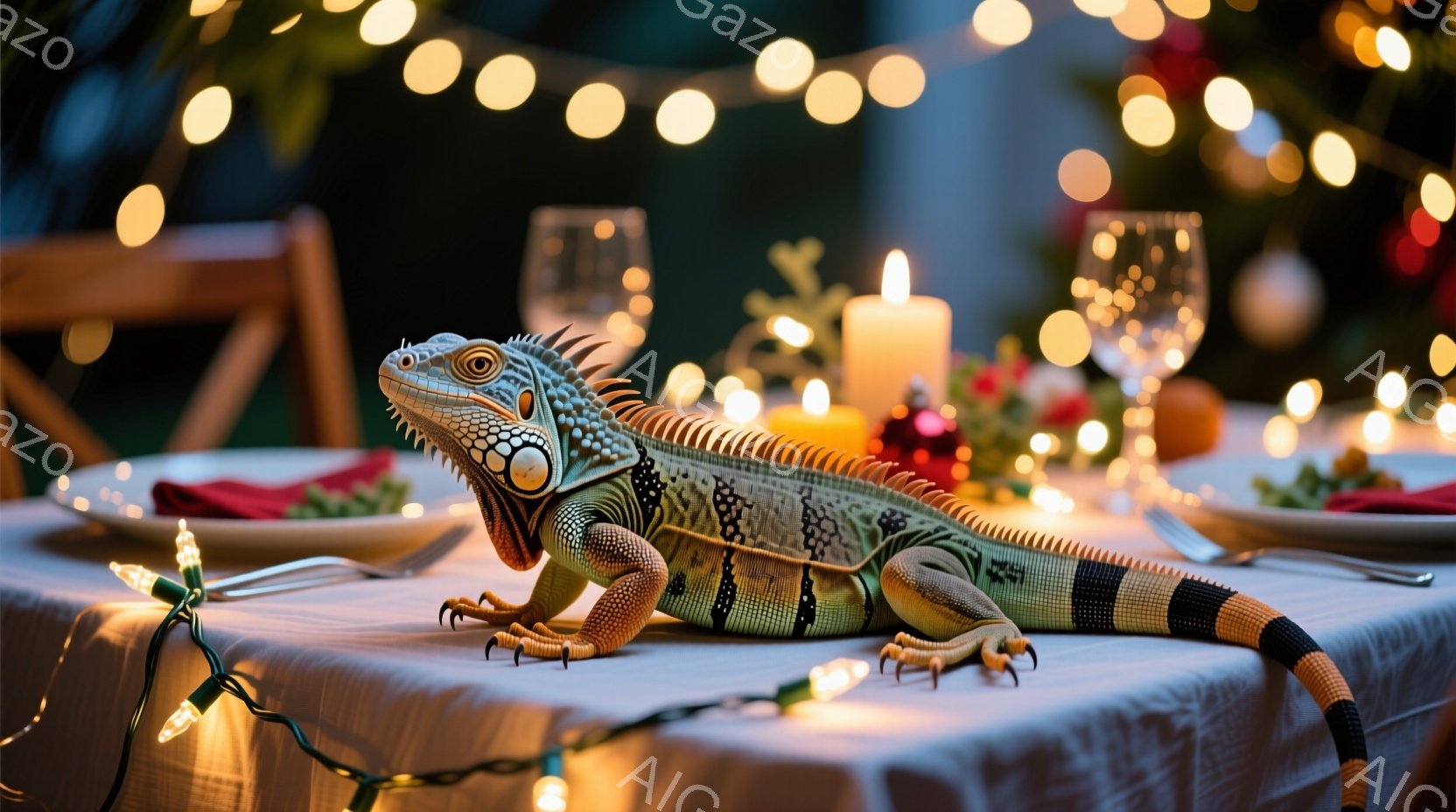 テーブルの上に緑色のイグアナが横たわっており、まるで食卓の真ん中にいるような面白い光景です。背景にはぼやけたキャンドルや食器、そしてキラキラと輝くイルミネーションが広がり、温かく幻想的な雰囲気を醸し出しています。イグアナはリラックスした様子で、まるでパーティーに参加しているかのように見えます。