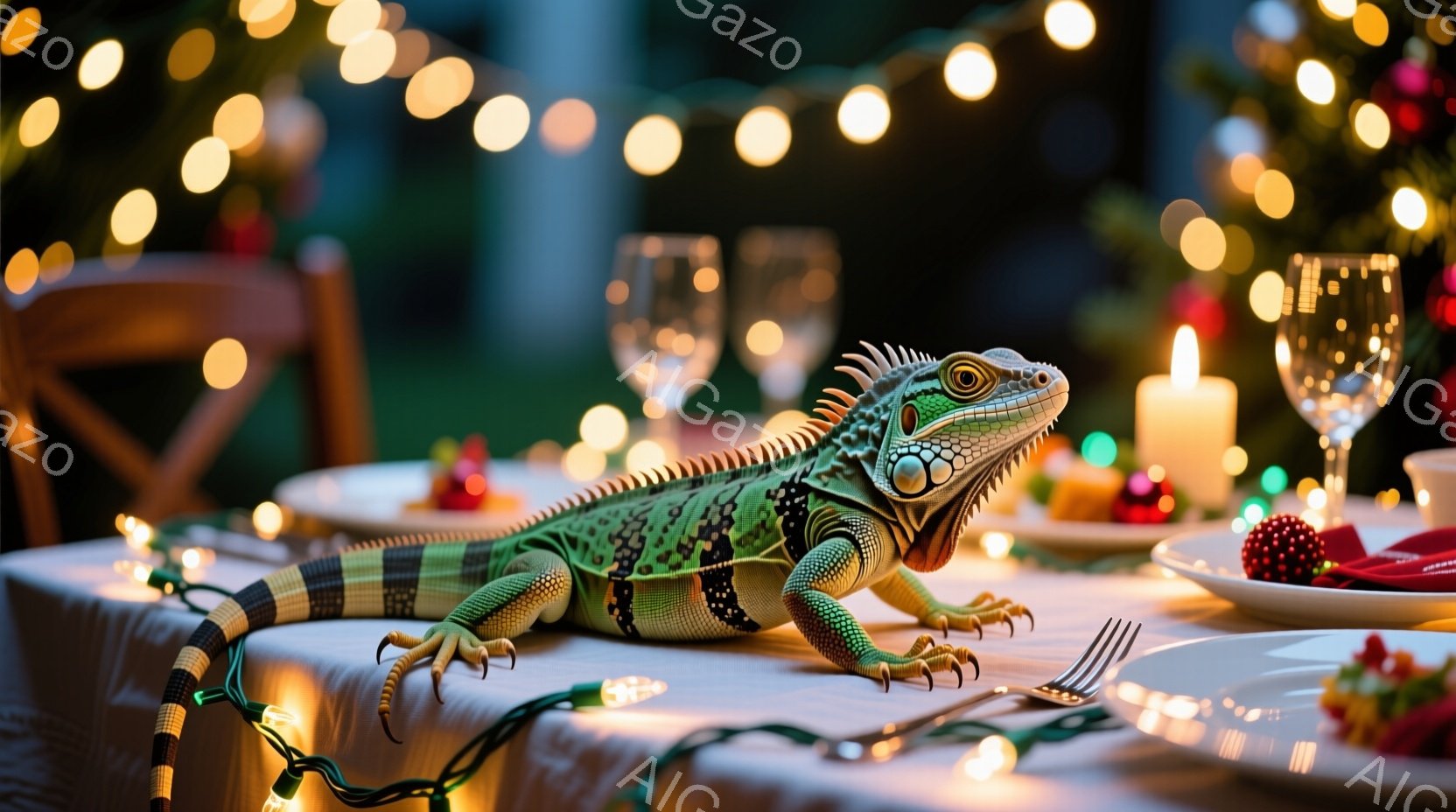 白いテーブルクロスが敷かれたダイニングテーブルに、緑色のイグアナが横たわっています。テーブルの上にはキャンドルやフォーク、グラスなどが置かれ、カラフルなクリスマスライトがテーブルを飾り、温かく幻想的な雰囲気を醸し出しています。イグアナはリラックスした様子で、まるでパーティーの主役であるかのように堂々と存在感を放っています。